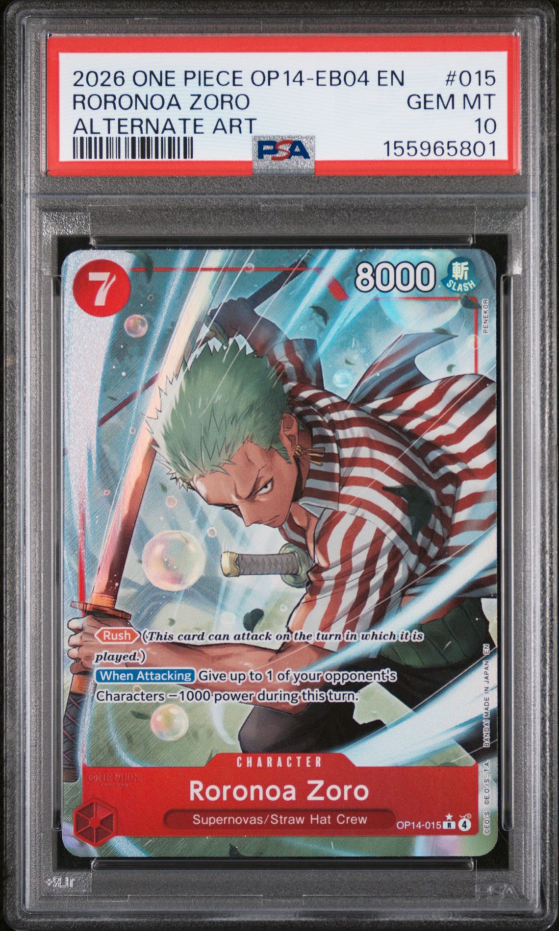 2026 One Piece Op14-Eb04-The Azure Sea's Seven Roronoa Zoro #015 (Alternate Art) Gem Mt 10 front view - PSA graded GEM MT 10