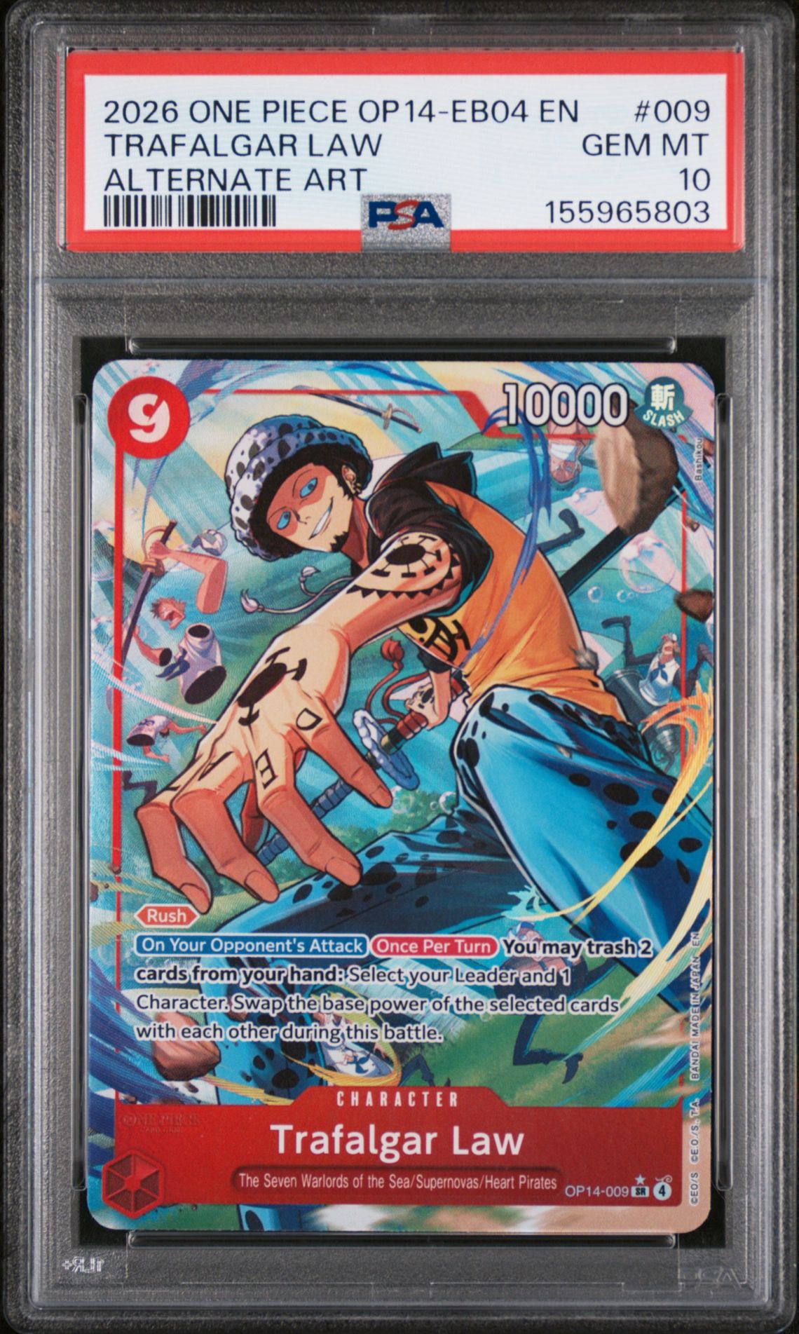 2026 One Piece Op14-Eb04-The Azure Sea's Seven Trafalgar Law #009 (Alternate Art) Gem Mt 10 front view - PSA graded GEM MT 10
