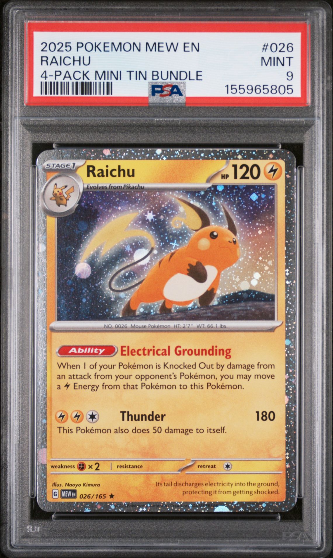 2025 Pokemon Mew En-151 Raichu #026 (4-Pack Mini Tin Bundle) Mint 9 front