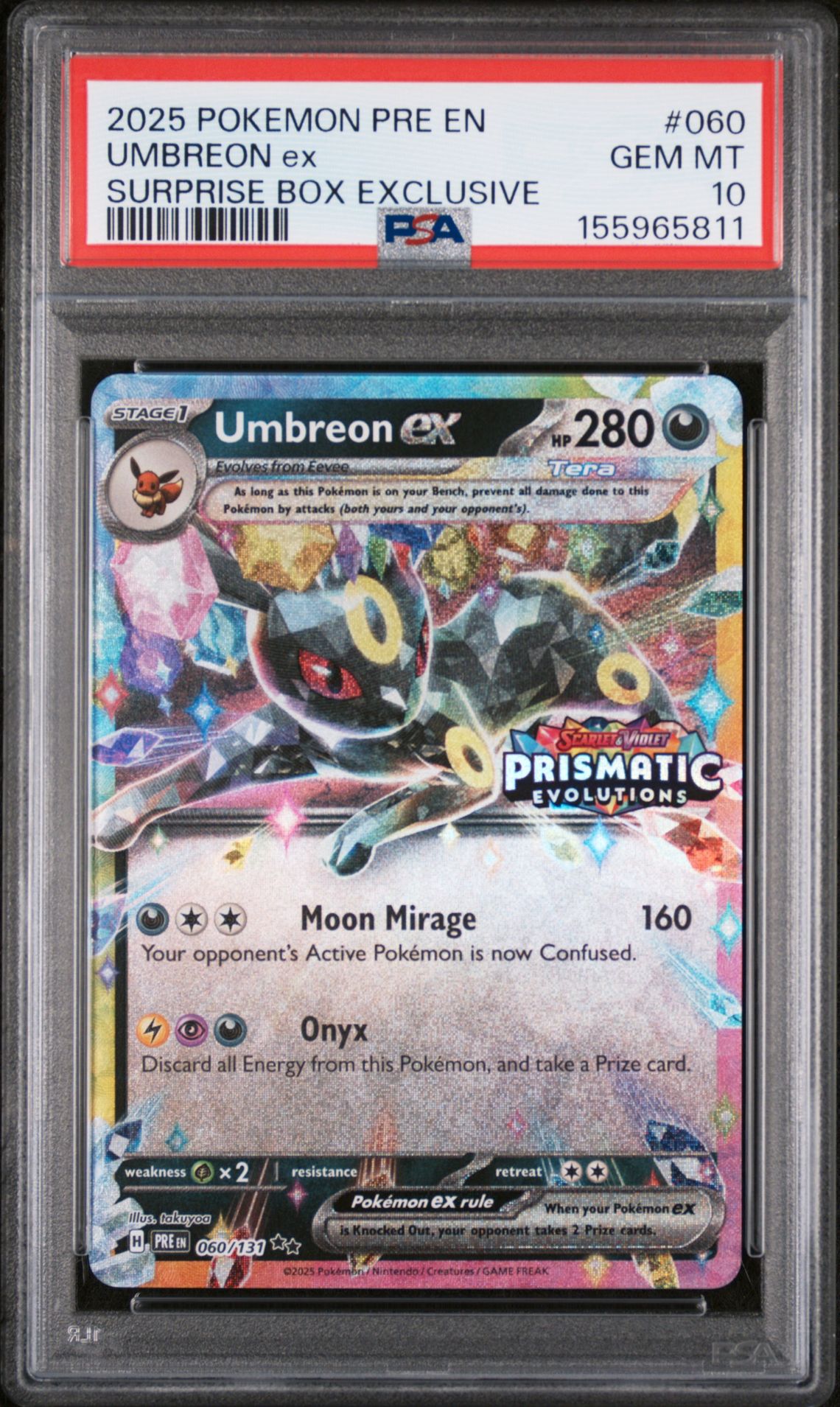 2025 Pokemon Pre En-Prismatic Evolutions Umbreon Ex #060 (Surprise Box Exclusive) Gem Mt 10 front view - PSA graded GEM MT 10