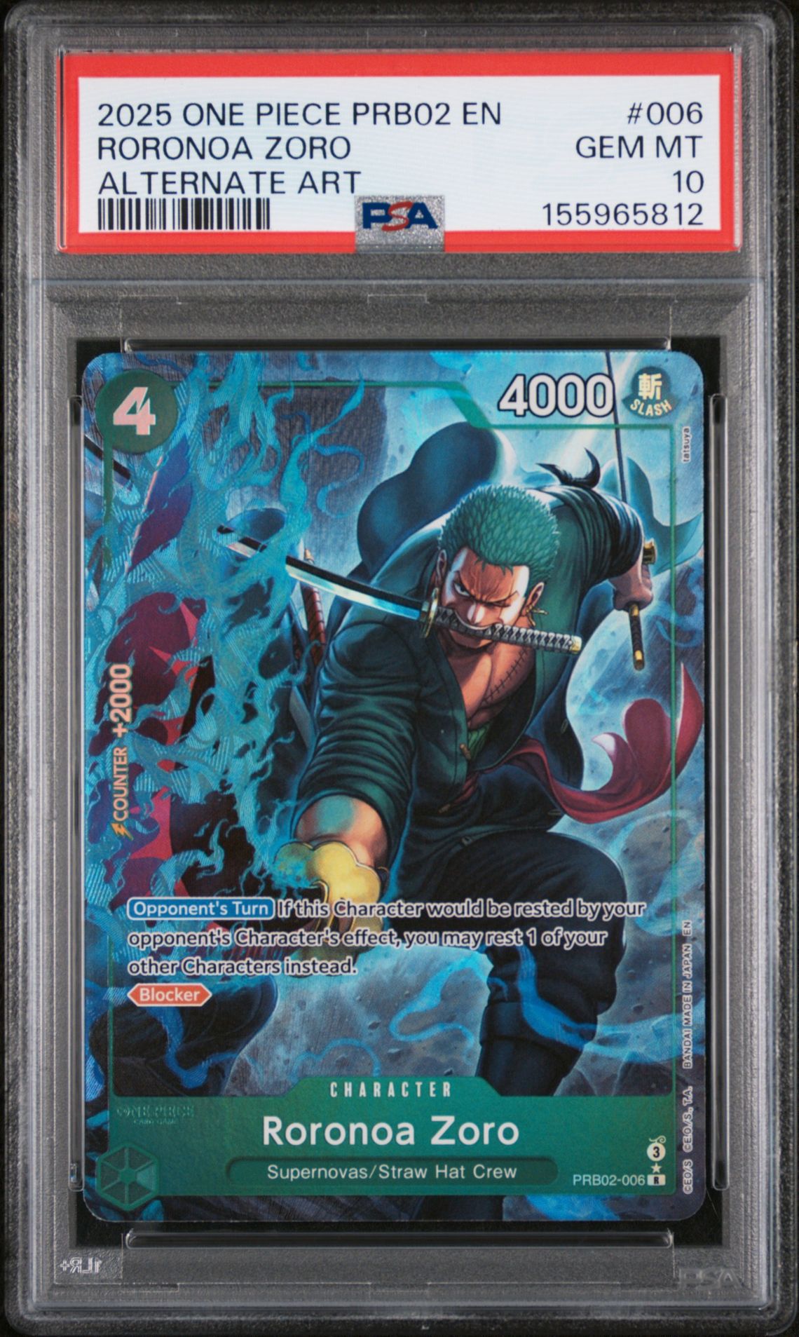 2025 One Piece Prb02-Premium Booster -One Piece Card The Best- Vol.2 Roronoa Zoro #006 (Alternate Art) Gem Mt 10 front view - PSA graded GEM MT 10