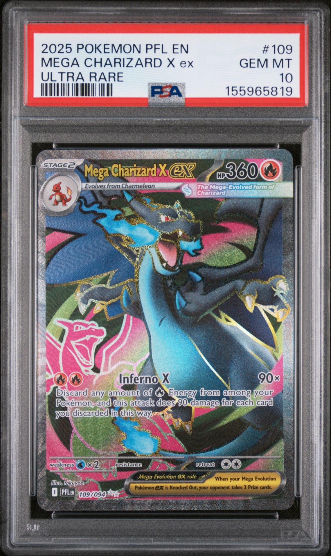 2025 Pokemon Pfl En-Phantasmal Flames Mega Charizard X Ex #109 (Ultra Rare) Gem Mt 10 front view - PSA graded GEM MT 10