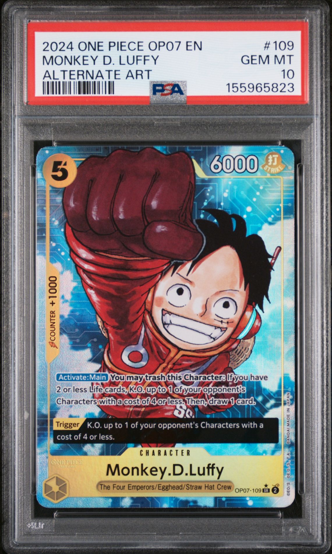 2024 ONE PIECE OP07-500 YEARS IN THE FUTURE MONKEY D. LUFFY ALTERNATE ART 109 GEM MT 10 front
