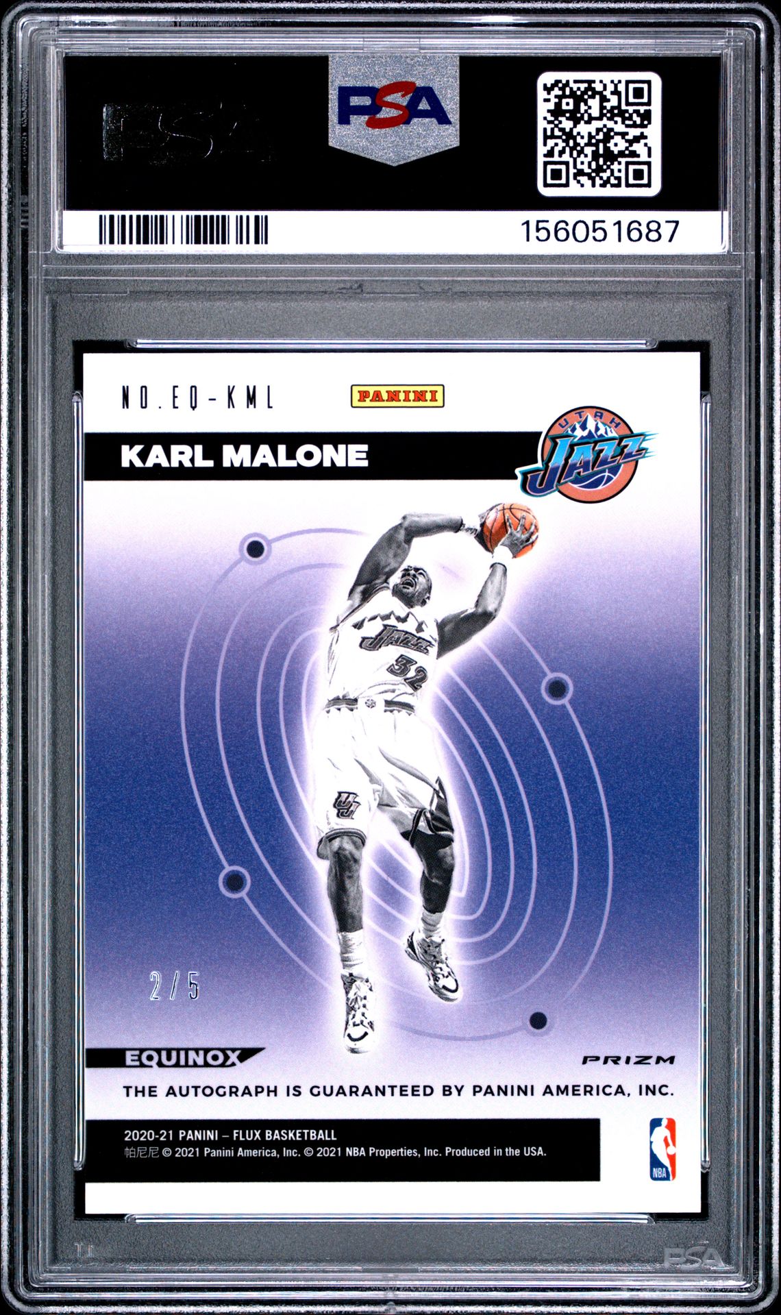2020 Panini Flux Equinox Autographs Karl Malone #Eq-Kml (Equinox Auto-Blue Scope) Gem Mt 10 back view - PSA certificate #156051687