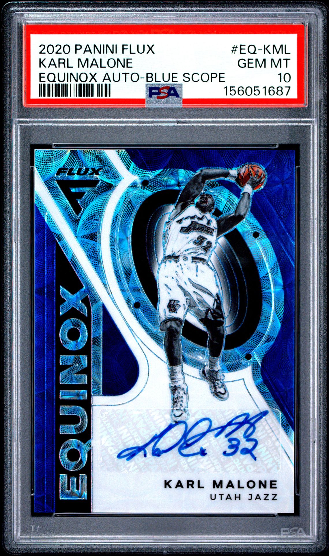 2020 Panini Flux Equinox Autographs Karl Malone #Eq-Kml (Equinox Auto-Blue Scope) Gem Mt 10 front view - PSA graded GEM MT 10
