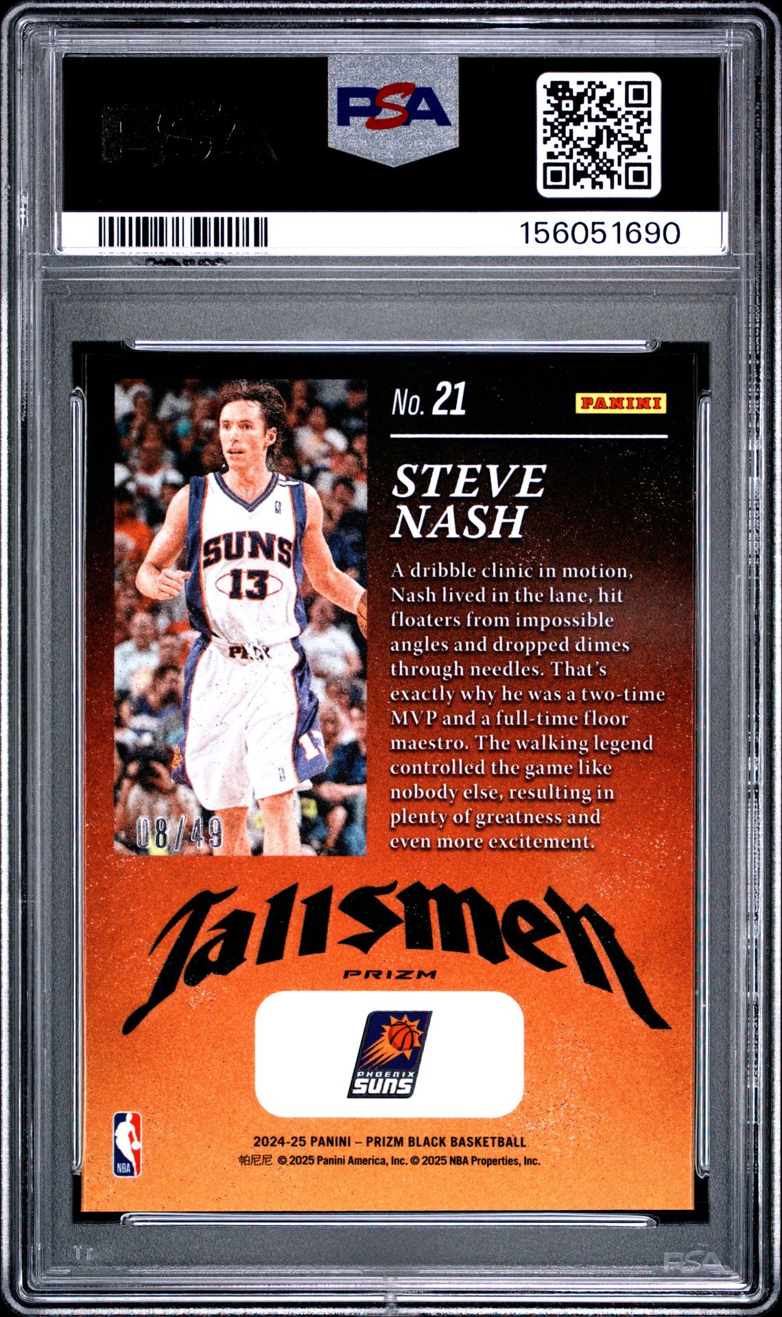 2024 Panini Prizm Black Talismen Steve Nash #21 (Talismen-Orange Prizm) Gem Mt 10 back view - PSA certificate #156051690