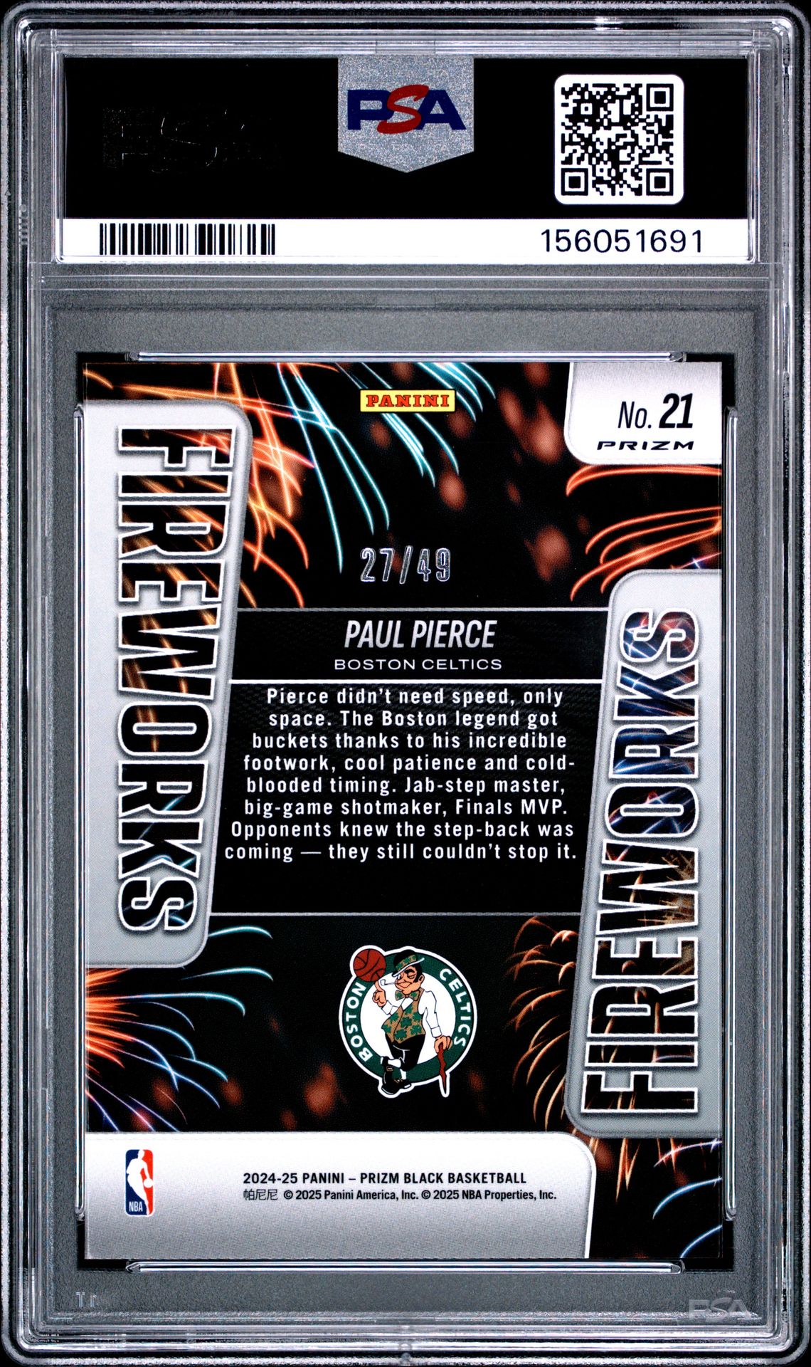2024 PANINI PRIZM BLACK FIREWORKS PAUL PIERCE FIREWORKS-ORANGE PRIZM 21 GEM MT 10 back