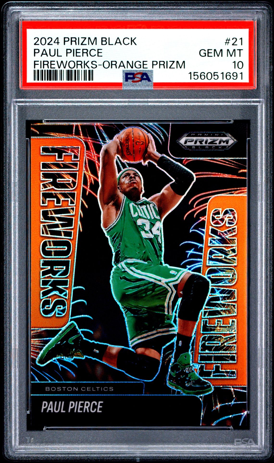 2024 PANINI PRIZM BLACK FIREWORKS PAUL PIERCE FIREWORKS-ORANGE PRIZM 21 GEM MT 10 front