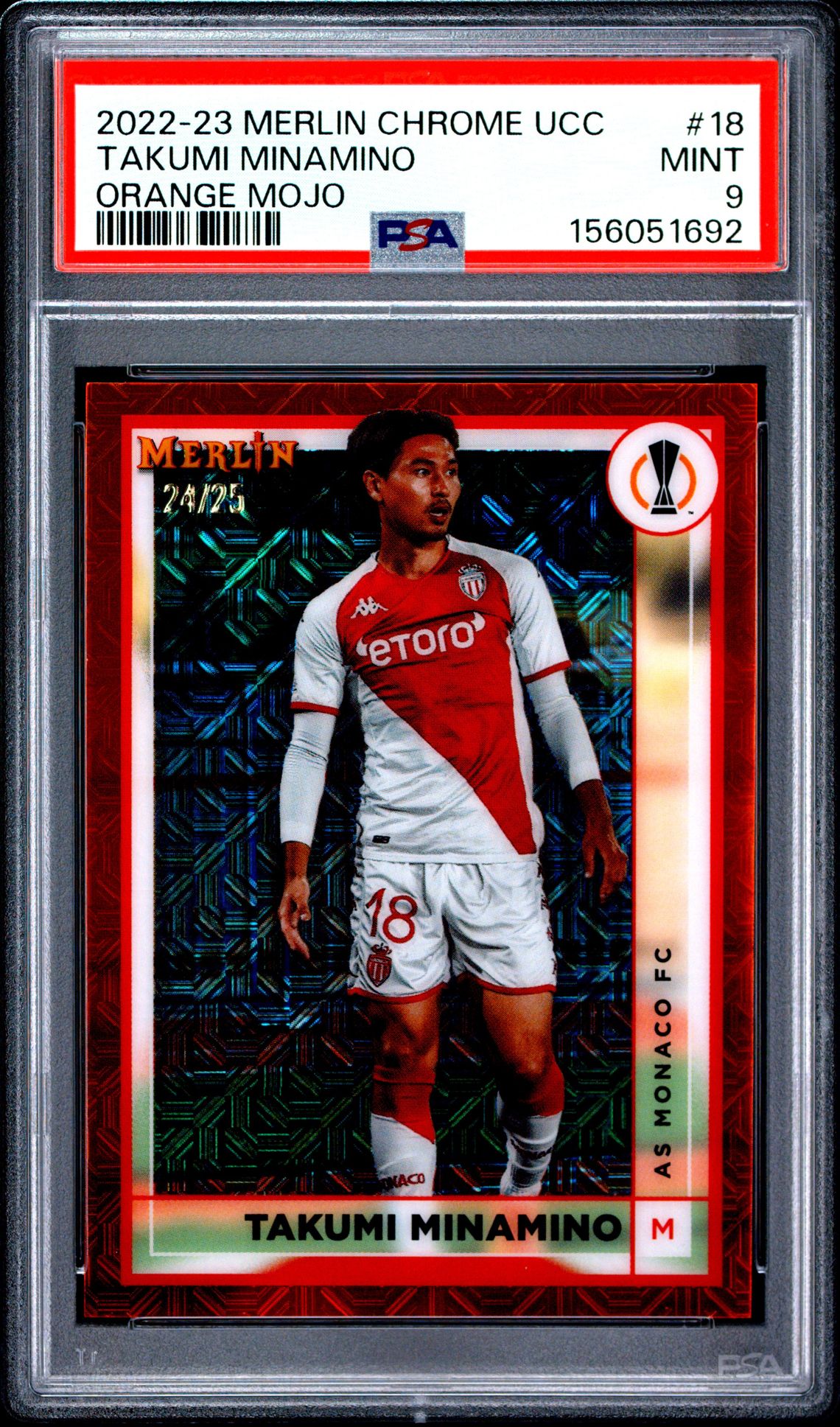 2022-23 Topps Merlin Chrome Uefa Club Competitions Takumi Minamino #18 (Orange Mojo) Mint 9 front
