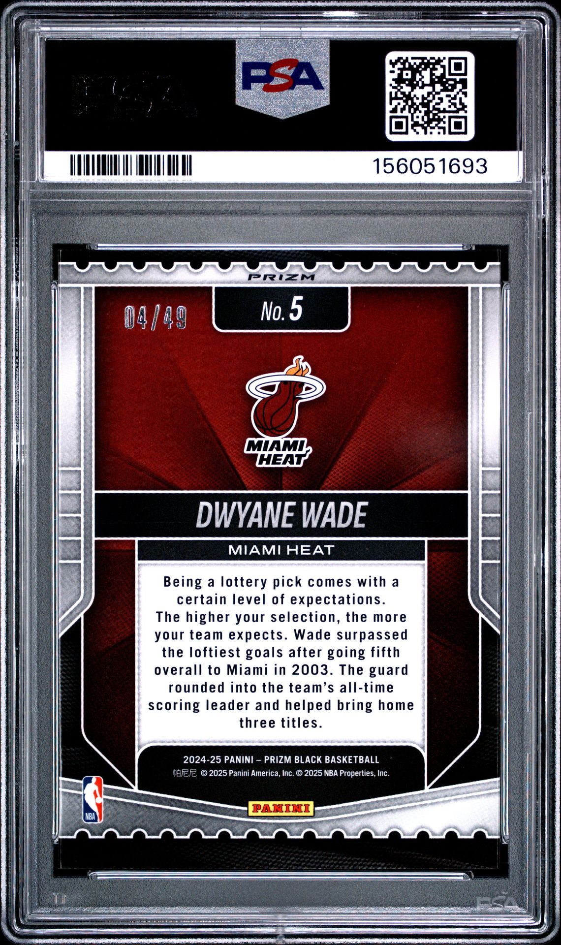 2024 Panini Prizm Black Luck Of The Lottery Dwyane Wade #5 (Luck/Lottery-Orange Prizm) Gem Mt 10 back view - PSA certificate #156051693