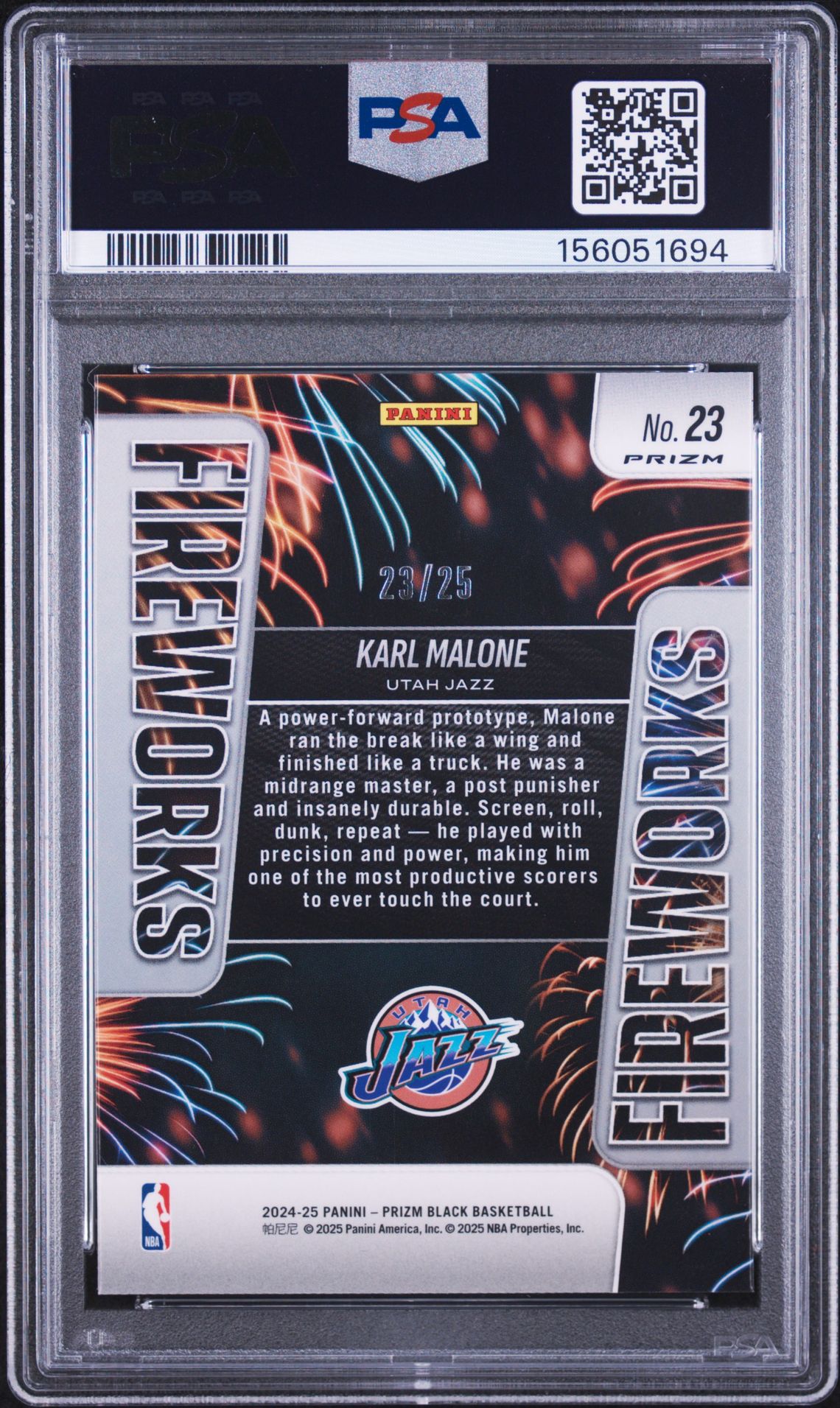 2024 PANINI PRIZM BLACK FIREWORKS KARL MALONE FIREWORKS-MOJO PRIZM 23 GEM MT 10 back