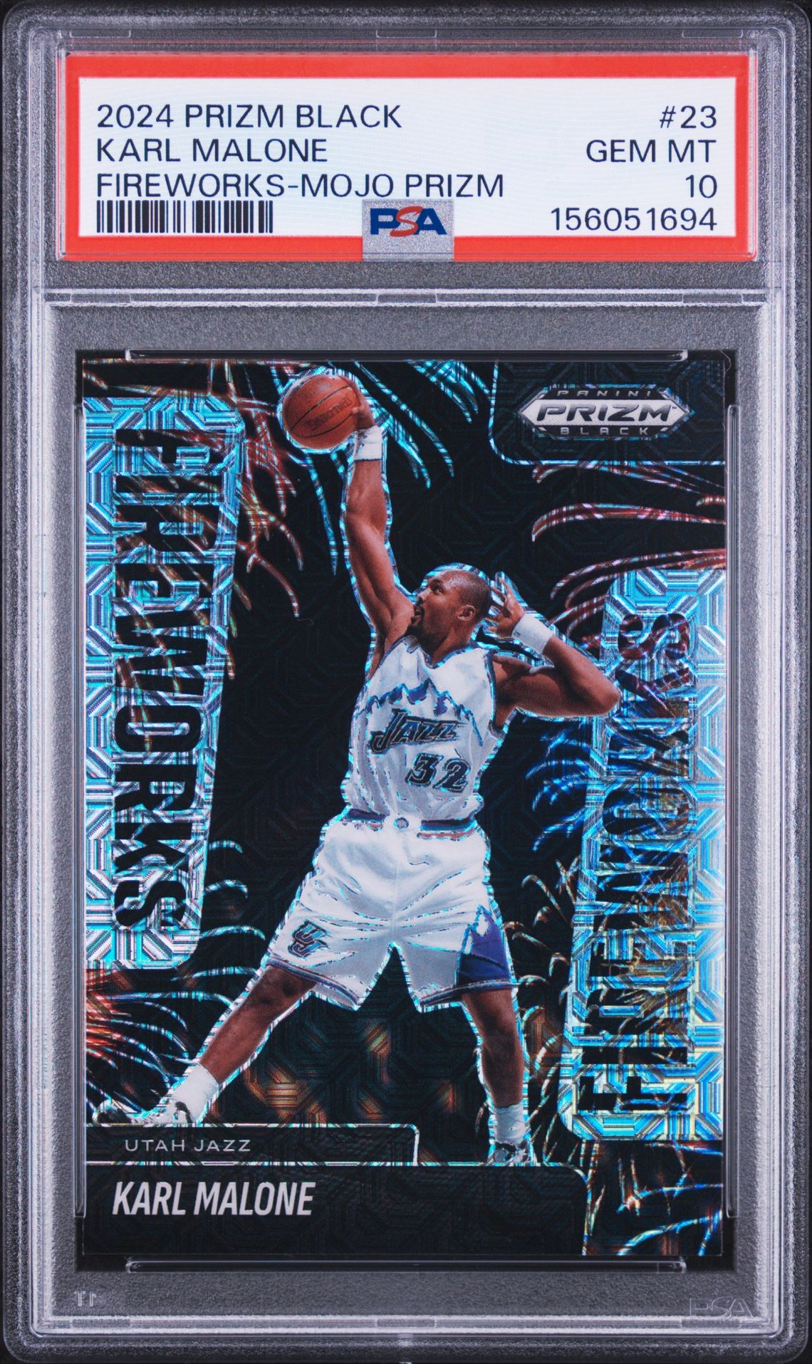 2024 PANINI PRIZM BLACK FIREWORKS KARL MALONE FIREWORKS-MOJO PRIZM 23 GEM MT 10 front