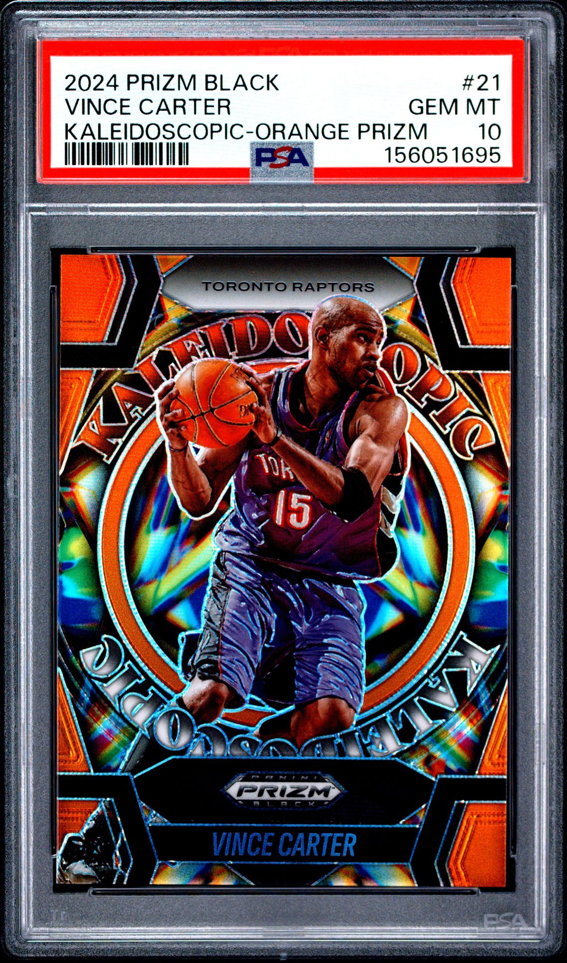 2024 Panini Prizm Black Kaleidoscopic Vince Carter #21 (Kaleidoscopic-Orange Prizm) Gem Mt 10 front view - PSA graded GEM MT 10