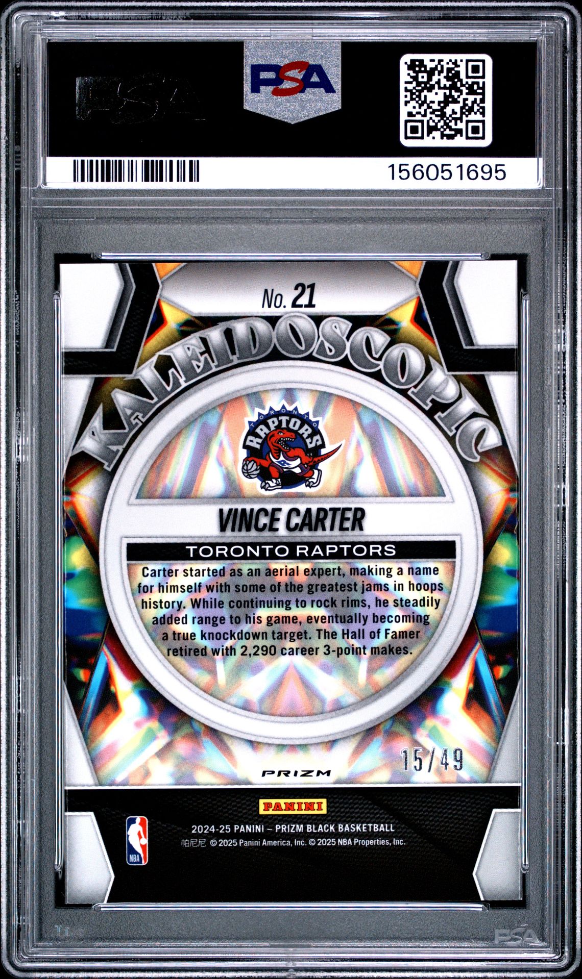 2024 Panini Prizm Black Kaleidoscopic Vince Carter #21 (Kaleidoscopic-Orange Prizm) Gem Mt 10 back view - PSA certificate #156051695