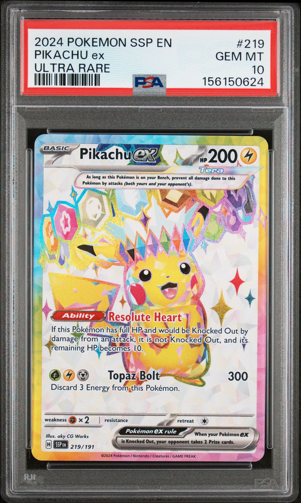 2024 Pokemon Ssp En-Surging Sparks Pikachu Ex #219 (Ultra Rare) Gem Mt 10 front view - PSA graded GEM MT 10