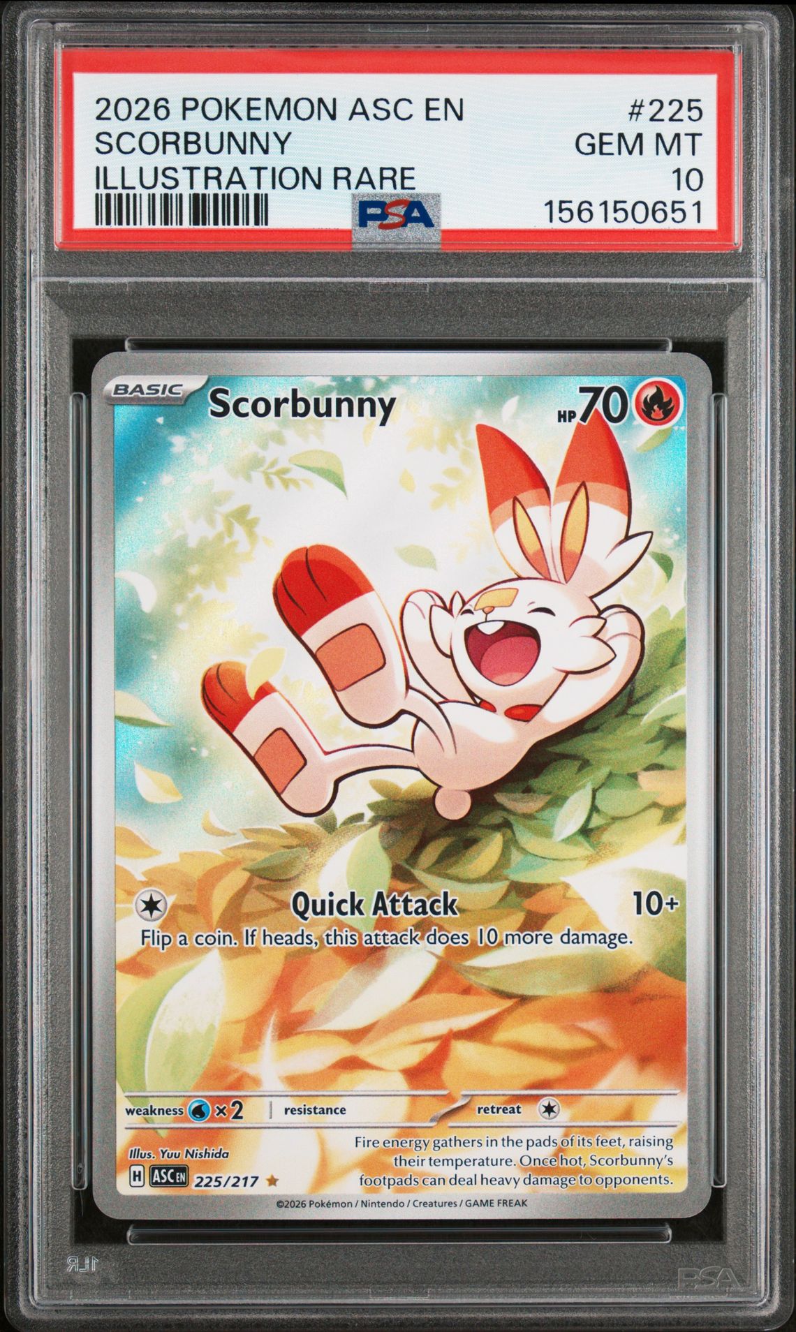 2026 Pokemon Asc En-Ascended Heroes Scorbunny #225 (Illustration Rare) Gem Mt 10 front view - PSA graded GEM MT 10