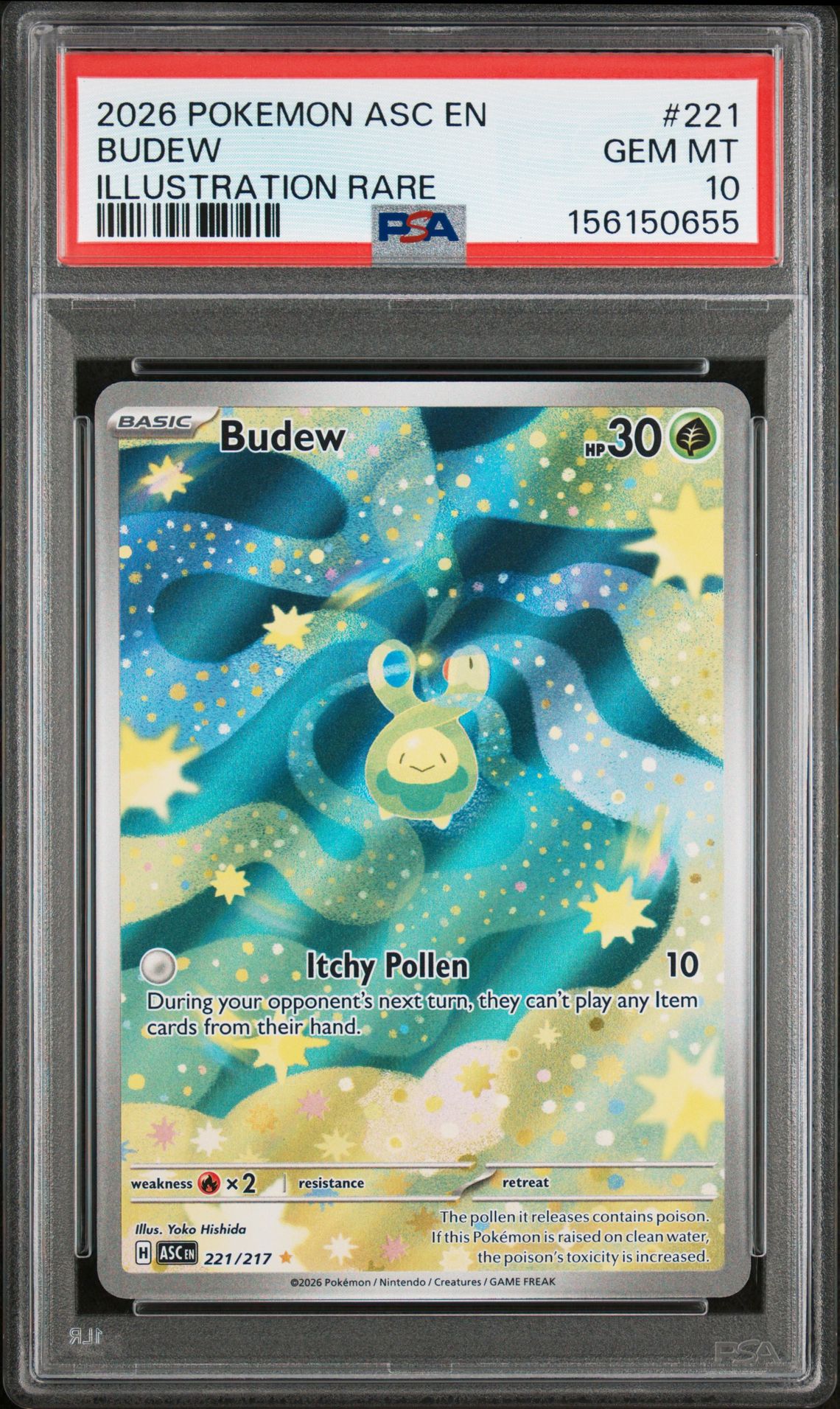 2026 Pokemon Asc En-Ascended Heroes Budew #221 (Illustration Rare) Gem Mt 10 front view - PSA graded GEM MT 10