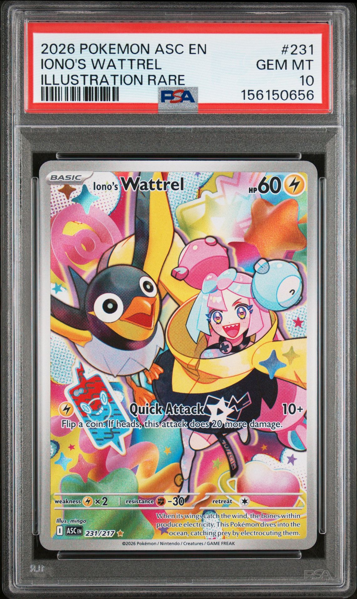2026 Pokemon Asc En-Ascended Heroes Iono's Wattrel #231 (Illustration Rare) Gem Mt 10 front view - PSA graded GEM MT 10