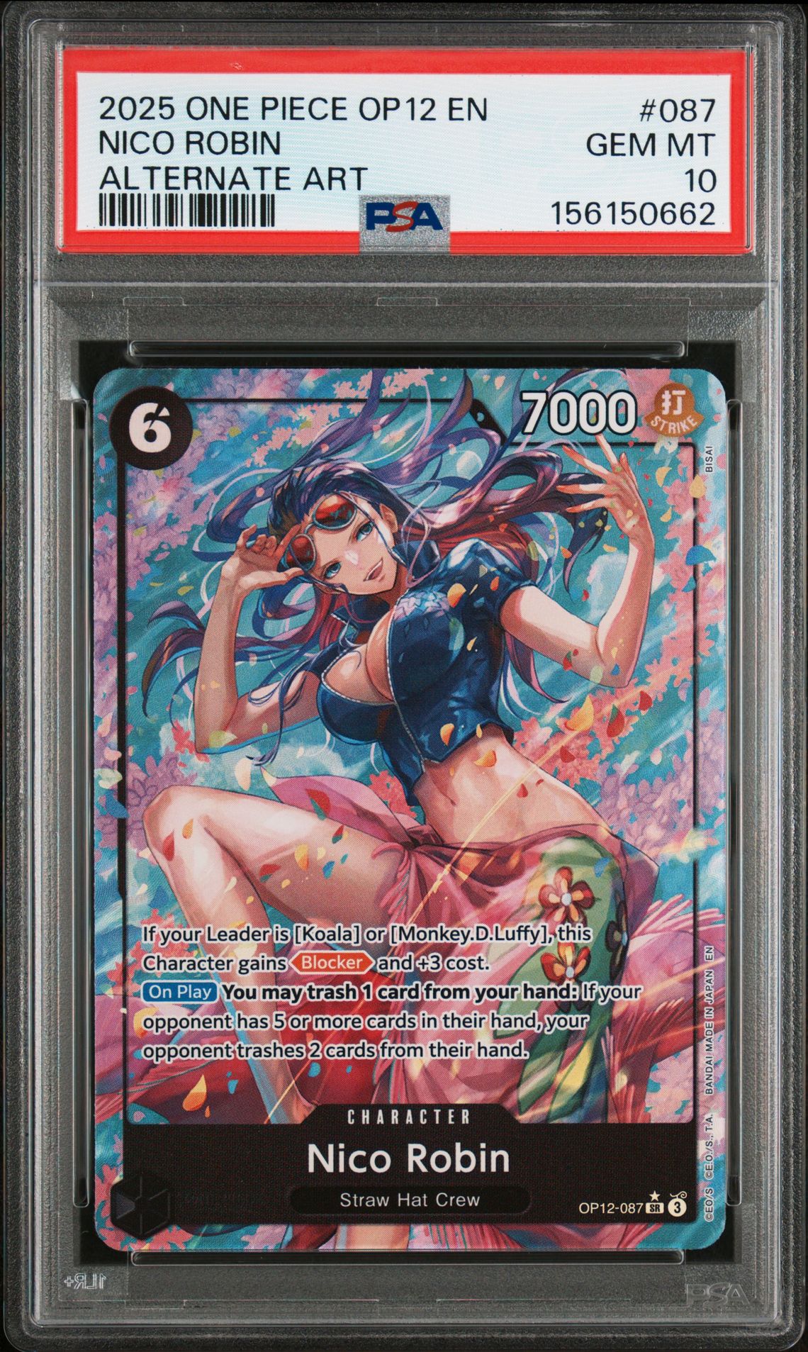 2025 ONE PIECE OP12-LEGACY OF THE MASTER NICO ROBIN ALTERNATE ART 087 GEM MT 10 front