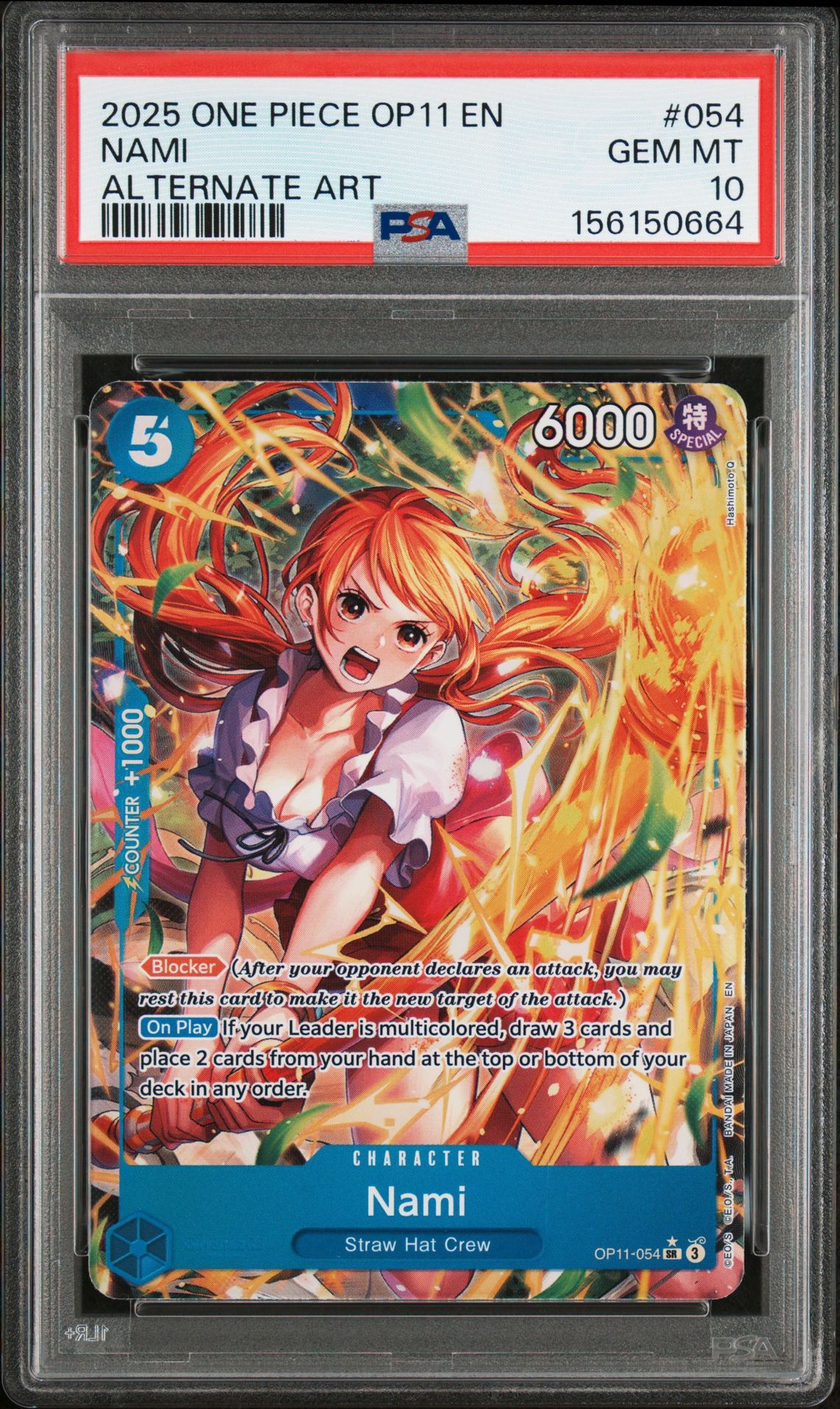 2025 One Piece Op11-A Fist Of Divine Speed Nami #054 (Alternate Art) Gem Mt 10 front view - PSA graded GEM MT 10