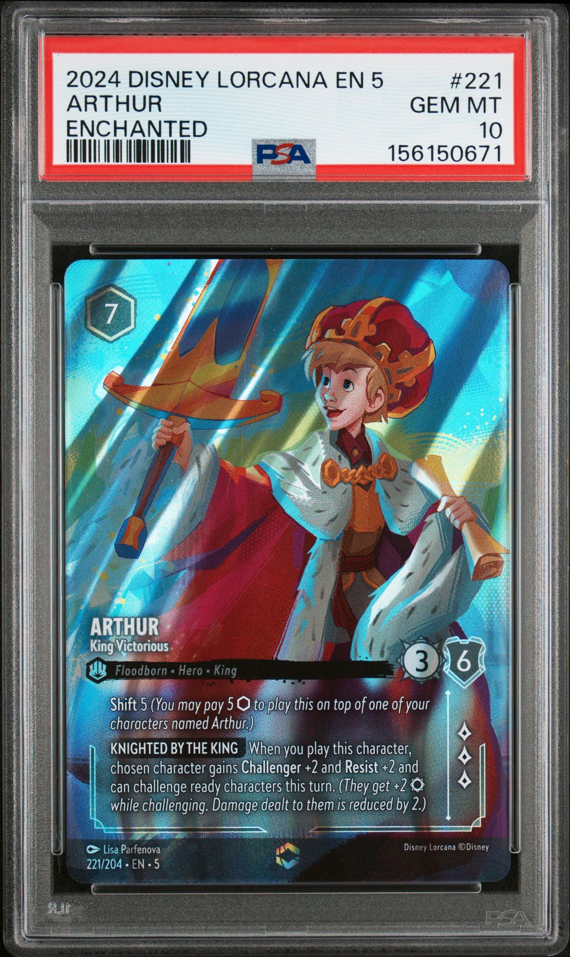 2024 Disney Lorcana En 5-Shimmering Skies Arthur #221 (Enchanted) Gem Mt 10 front view - PSA graded GEM MT 10