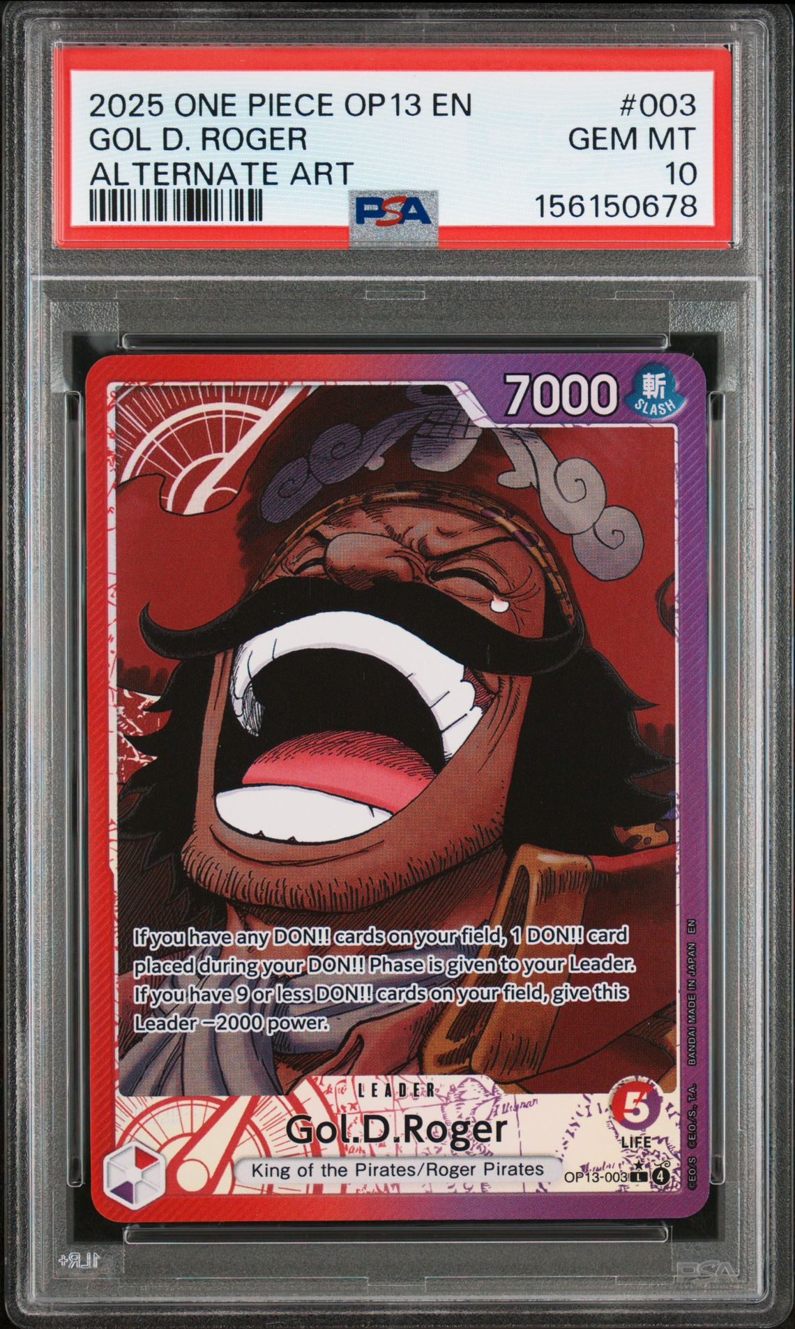 2025 One Piece Op13-Carrying On His Will Gol D. Roger #003 (Alternate Art) Gem Mt 10 front view - PSA graded GEM MT 10