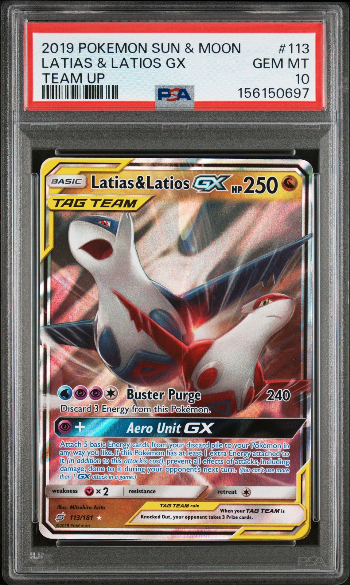 2019 Pokemon Sun & Moon Team Up Latias & Latios Gx #113 (Team Up) Gem Mt 10 front view - PSA graded GEM MT 10