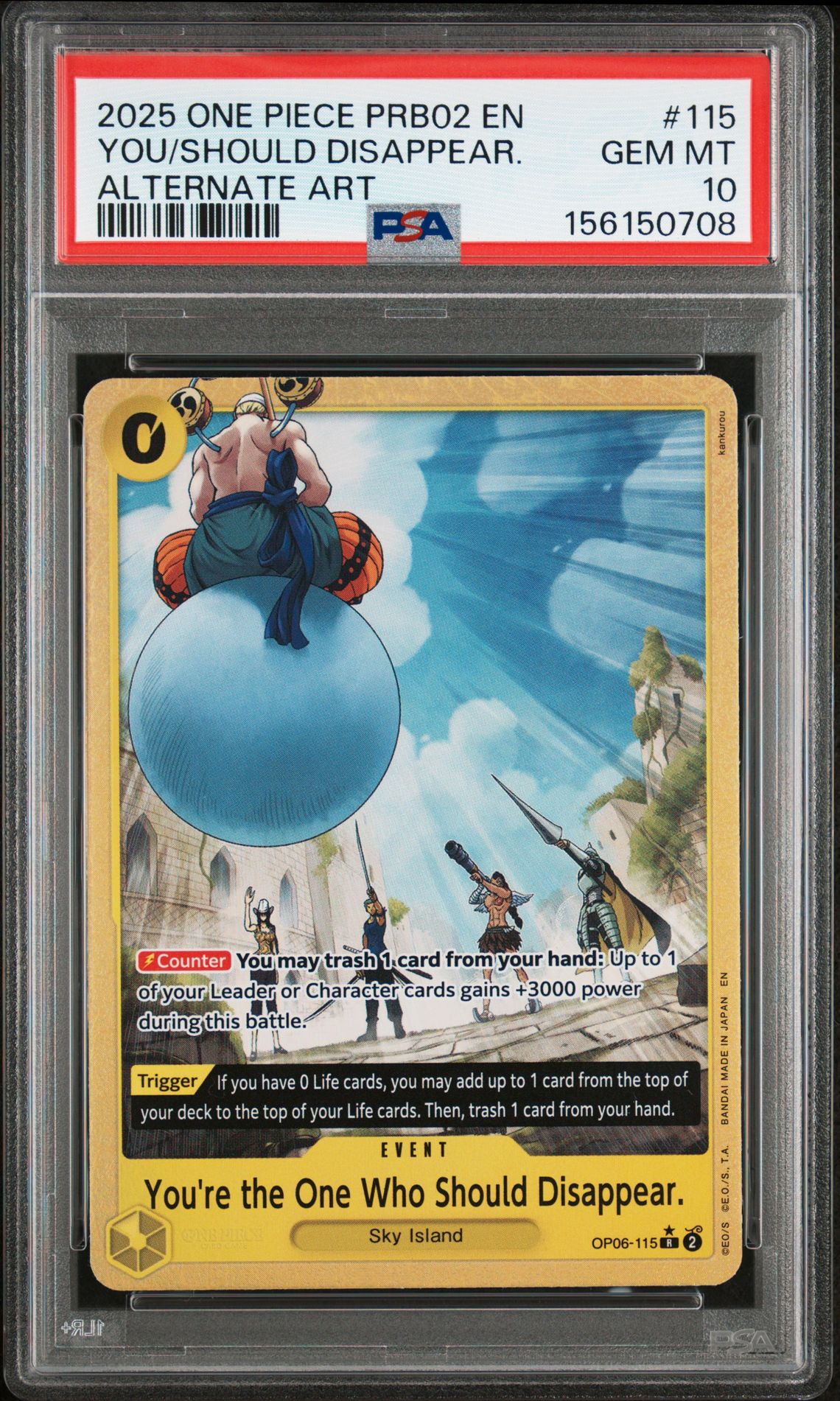 2025 One Piece Prb02-Premium Booster -One Piece Card The Best- Vol.2 You/Should Disappear. #115 (Alternate Art) Gem Mt 10 front view - PSA graded GEM MT 10