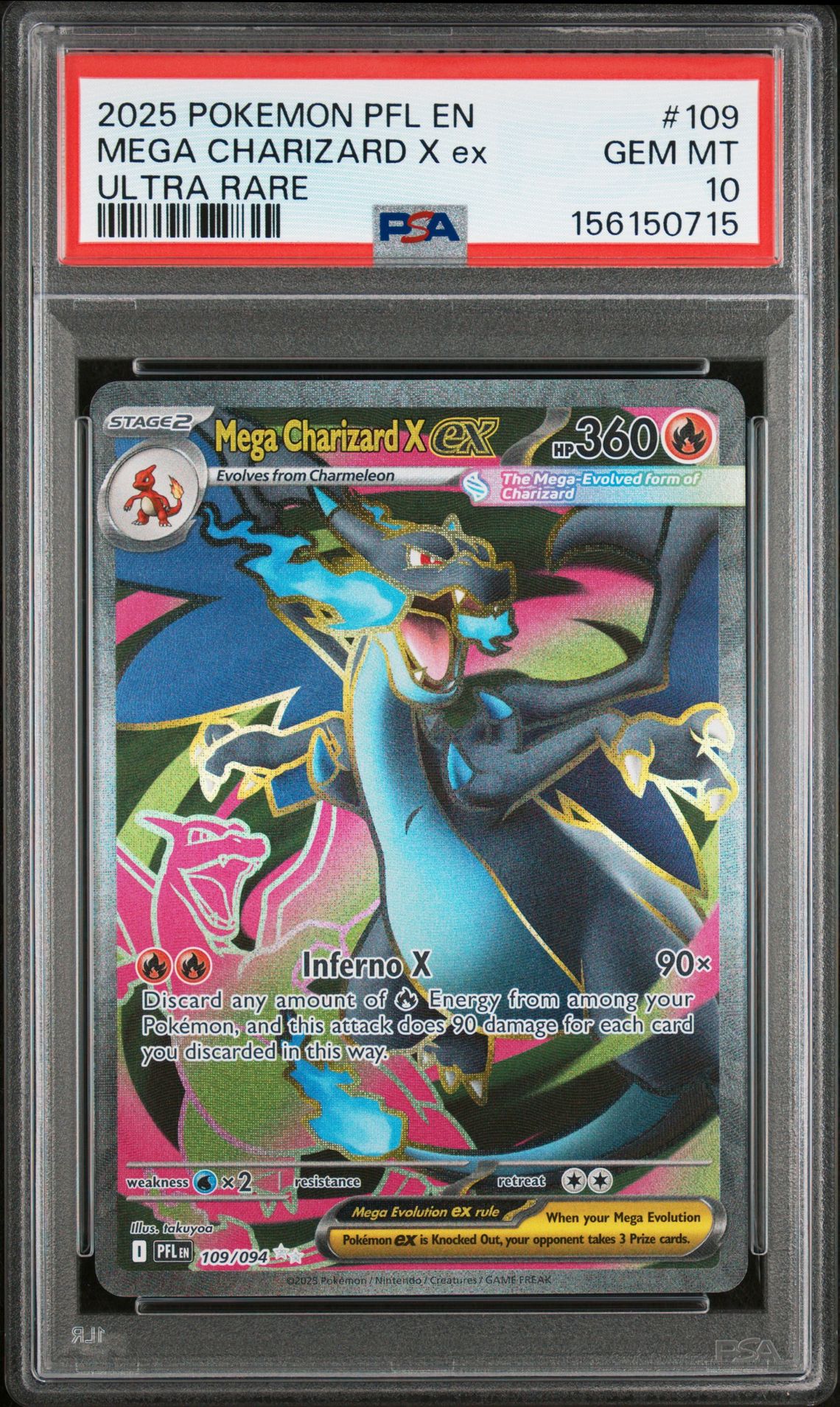 2025 Pokemon Pfl En-Phantasmal Flames Mega Charizard X Ex #109 (Ultra Rare) Gem Mt 10 front view - PSA graded GEM MT 10