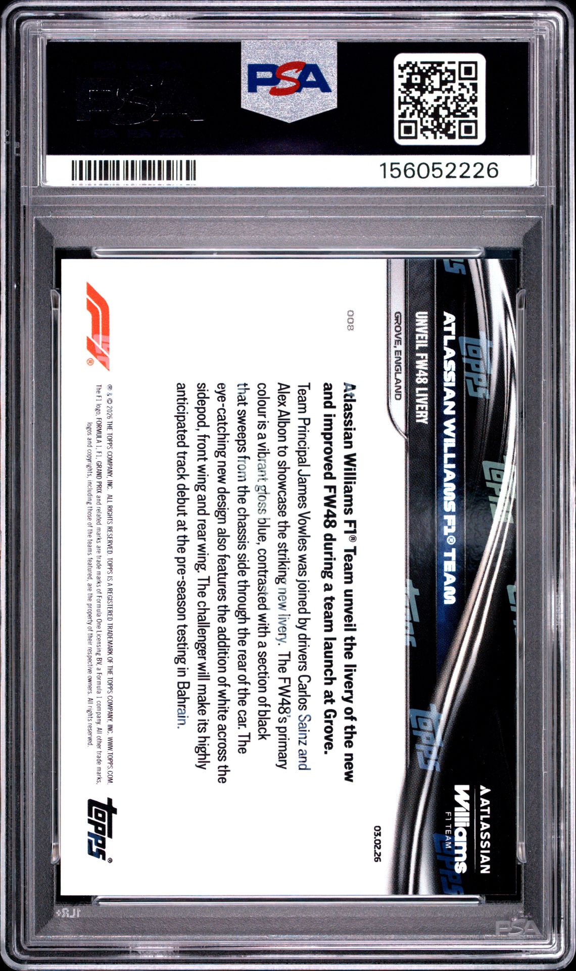 2026 Topps Now Formula 1 Atlssn Wllms F1 Team #8 Gem Mt 10 back