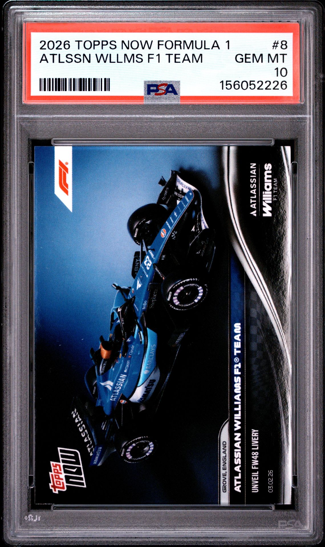 2026 Topps Now Formula 1 Atlssn Wllms F1 Team #8 Gem Mt 10 front