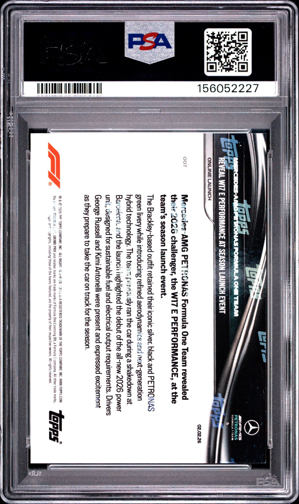 2026 Topps Now Formula 1 Mrcds-Amg Ptrns F1 Tm #7 Gem Mt 10 back view - PSA certificate #156052227