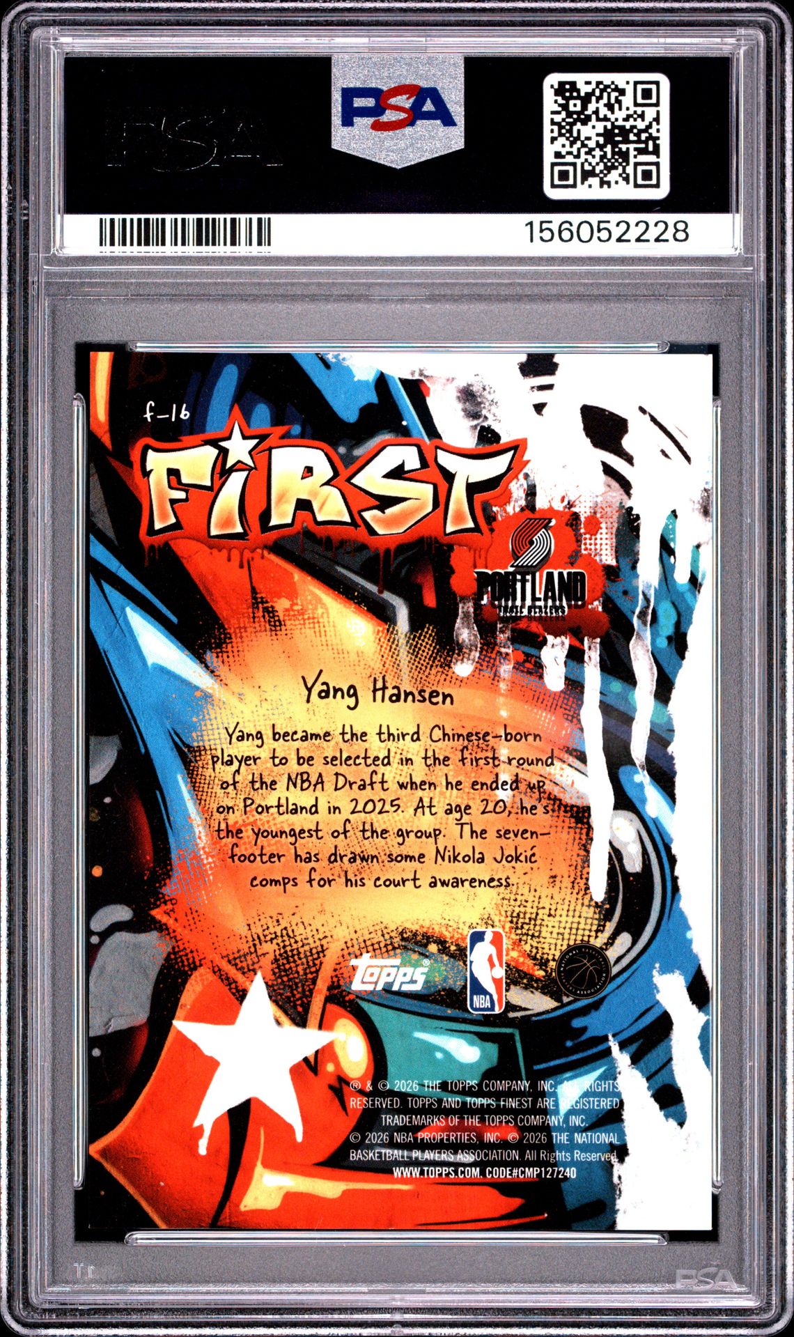 2025 Topps Finest First Yang Hansen #F-16 (First-Gold Refractor) Gem Mt 10 back view - PSA certificate #156052228