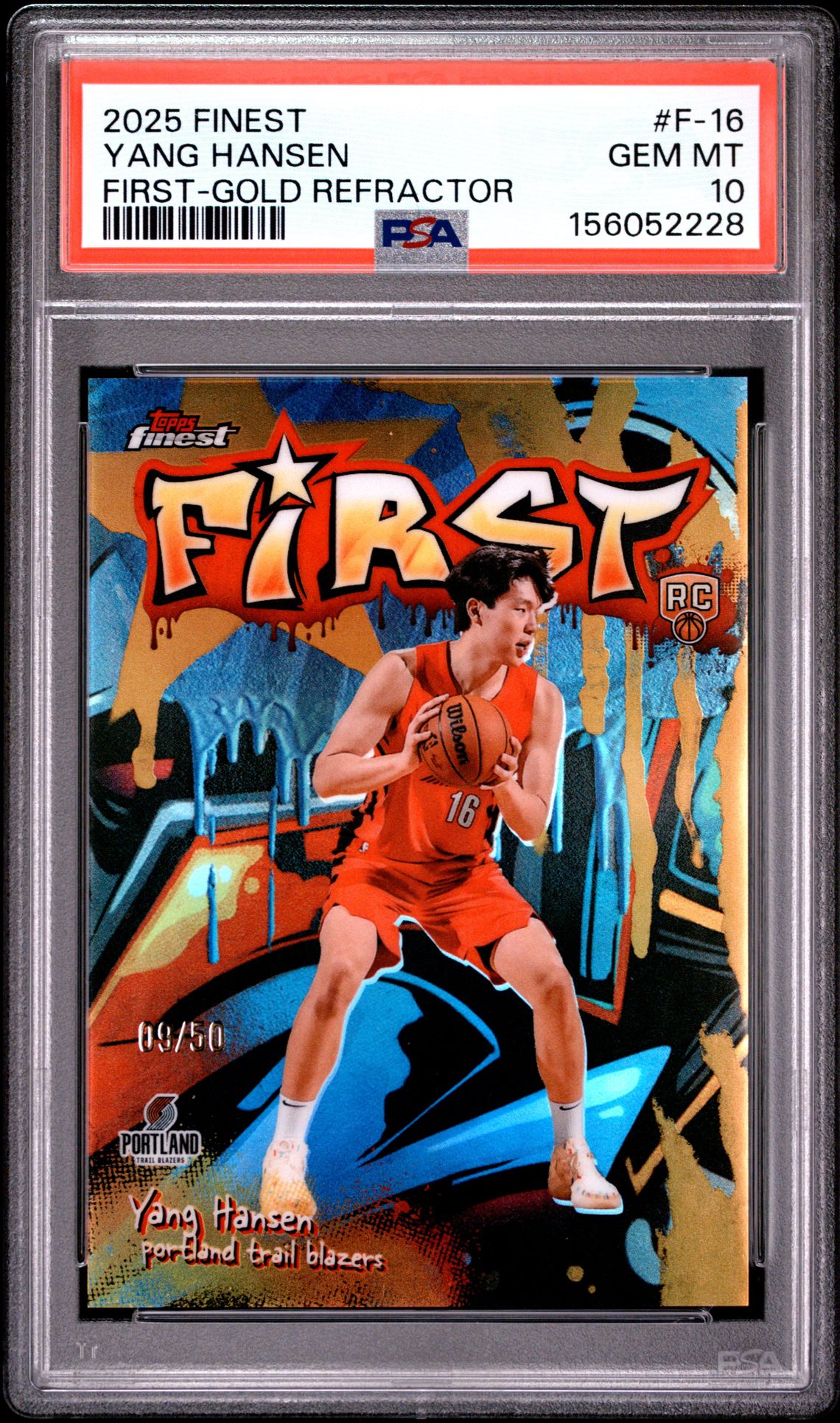 2025 Topps Finest First Yang Hansen #F-16 (First-Gold Refractor) Gem Mt 10 front view - PSA graded GEM MT 10
