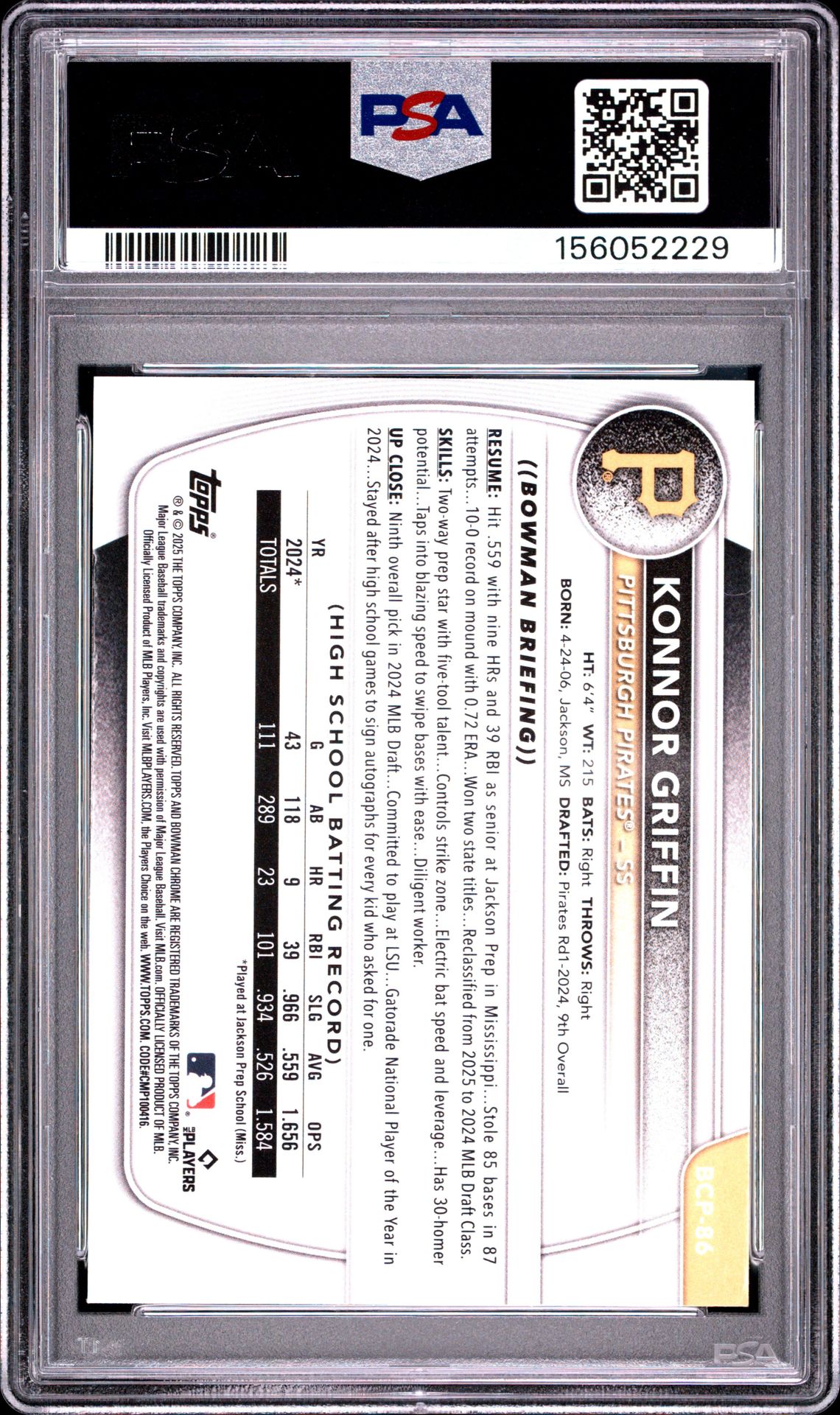 2025 BOWMAN CHROME PROSPECTS KONNOR GRIFFIN CHROME PROS-REPTILIAN REF BCP86 GEM MT 10 back