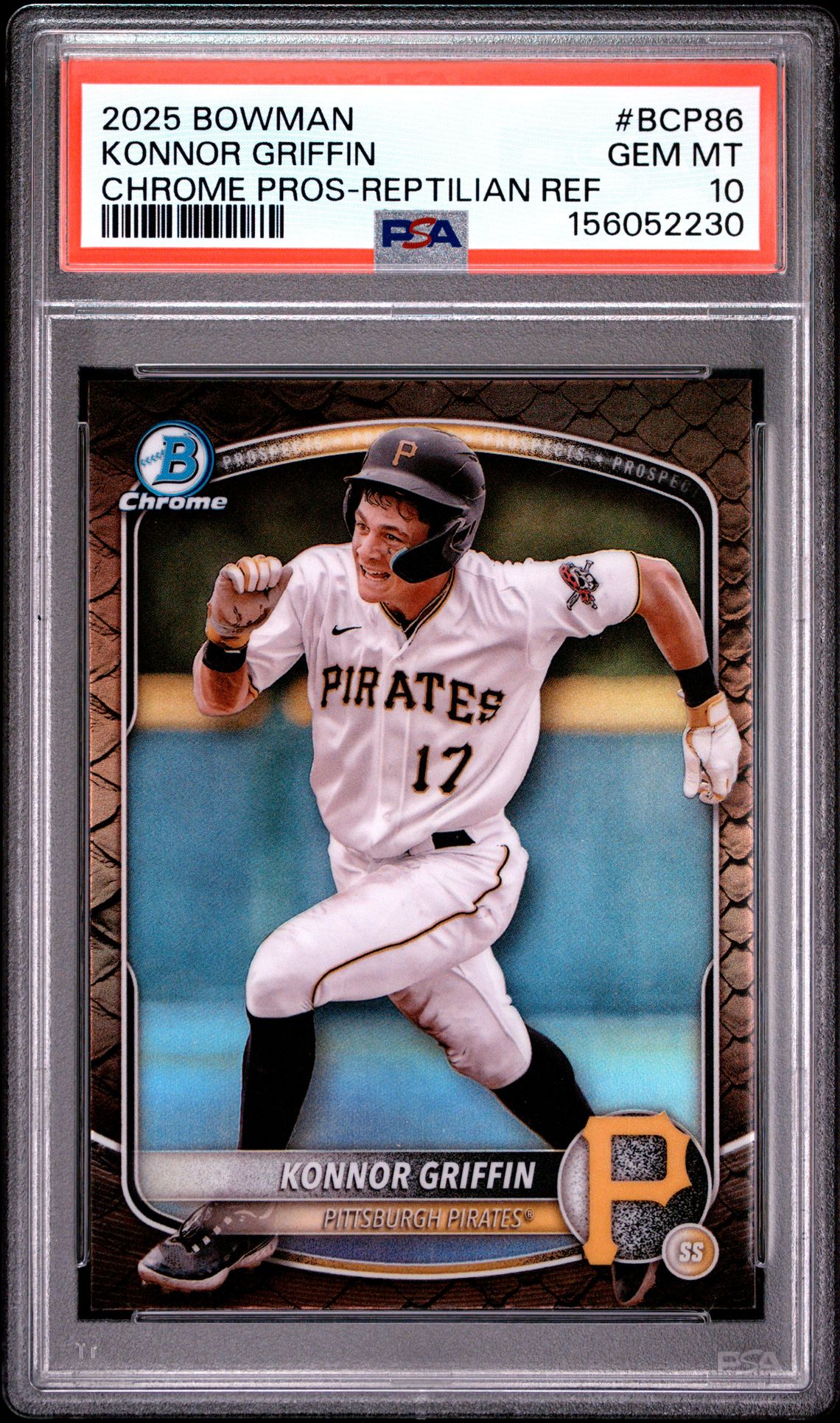 2025 Bowman Chrome Prospects Konnor Griffin #Bcp86 (Chrome Pros-Reptilian Ref) Gem Mt 10 front view - PSA graded GEM MT 10