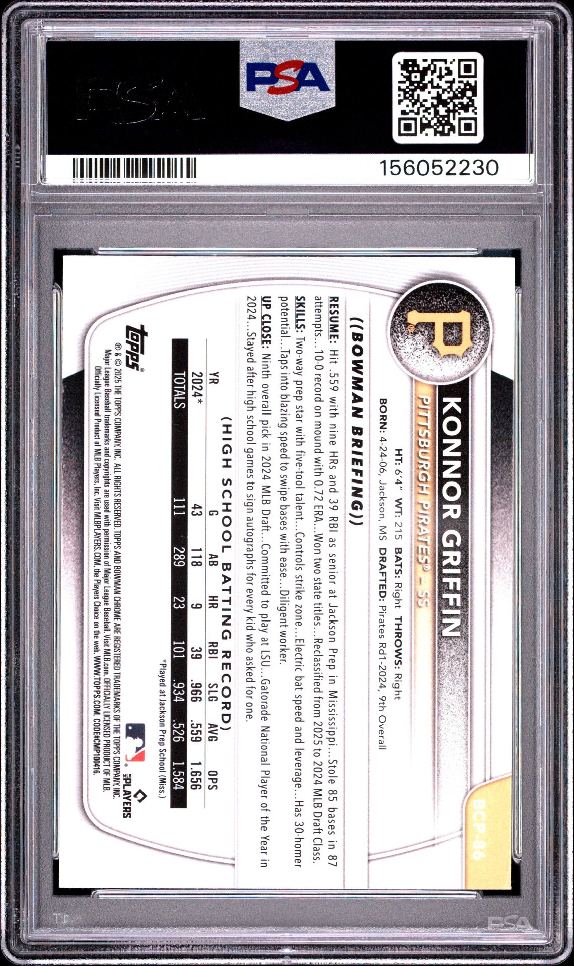 2025 Bowman Chrome Prospects Konnor Griffin #Bcp86 (Chrome Pros-Reptilian Ref) Gem Mt 10 back view - PSA certificate #156052230