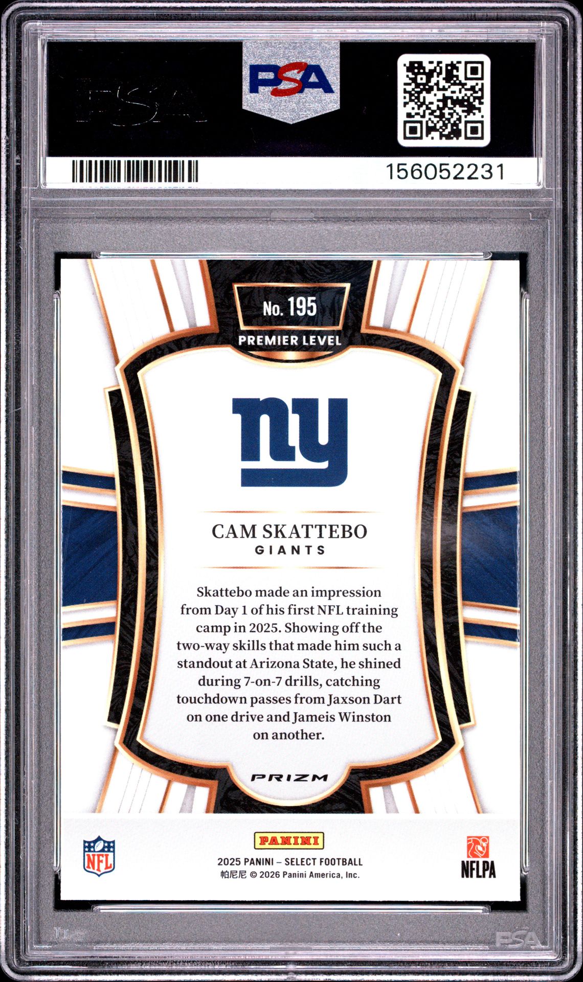 2025 Panini Select Cam Skattebo #195 (Silver Prizm) Gem Mt 10 back view - PSA certificate #156052231