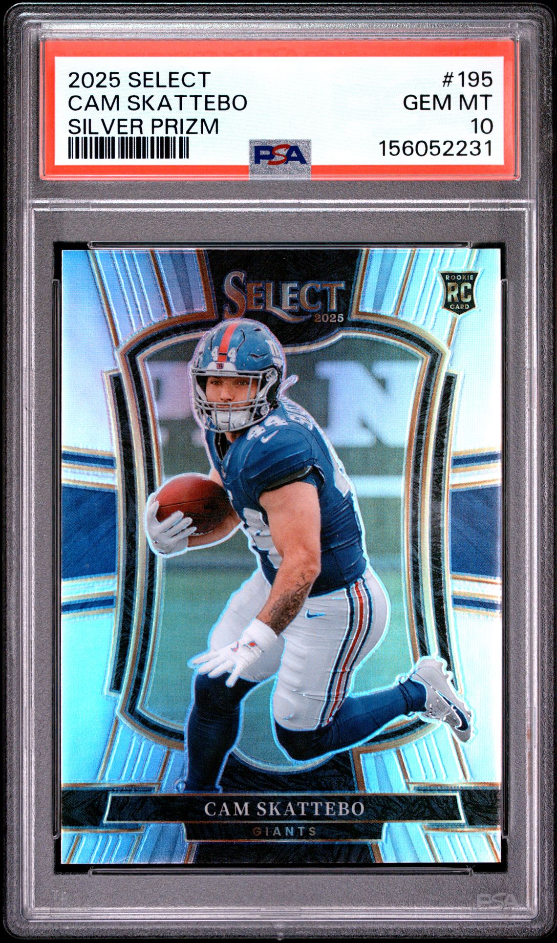 2025 Panini Select Cam Skattebo #195 (Silver Prizm) Gem Mt 10 front view - PSA graded GEM MT 10
