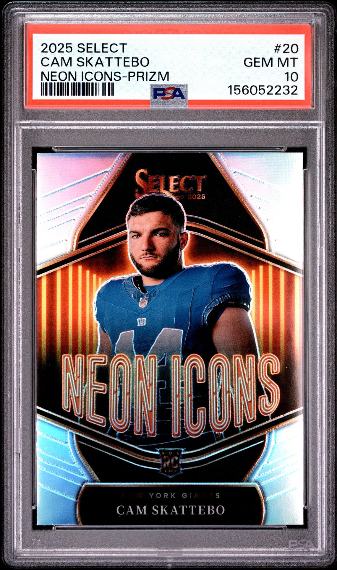 2025 Panini Select Neon Icons Cam Skattebo #20 (Neon Icons-Prizm) Gem Mt 10 front view - PSA graded GEM MT 10