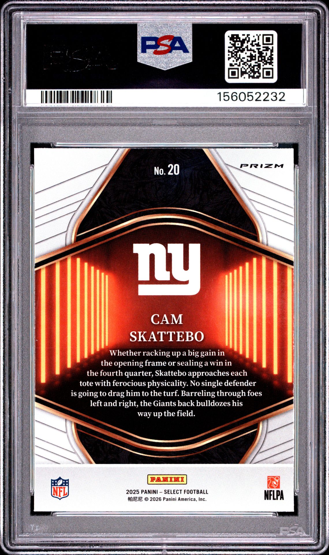 2025 Panini Select Neon Icons Cam Skattebo #20 (Neon Icons-Prizm) Gem Mt 10 back view - PSA certificate #156052232