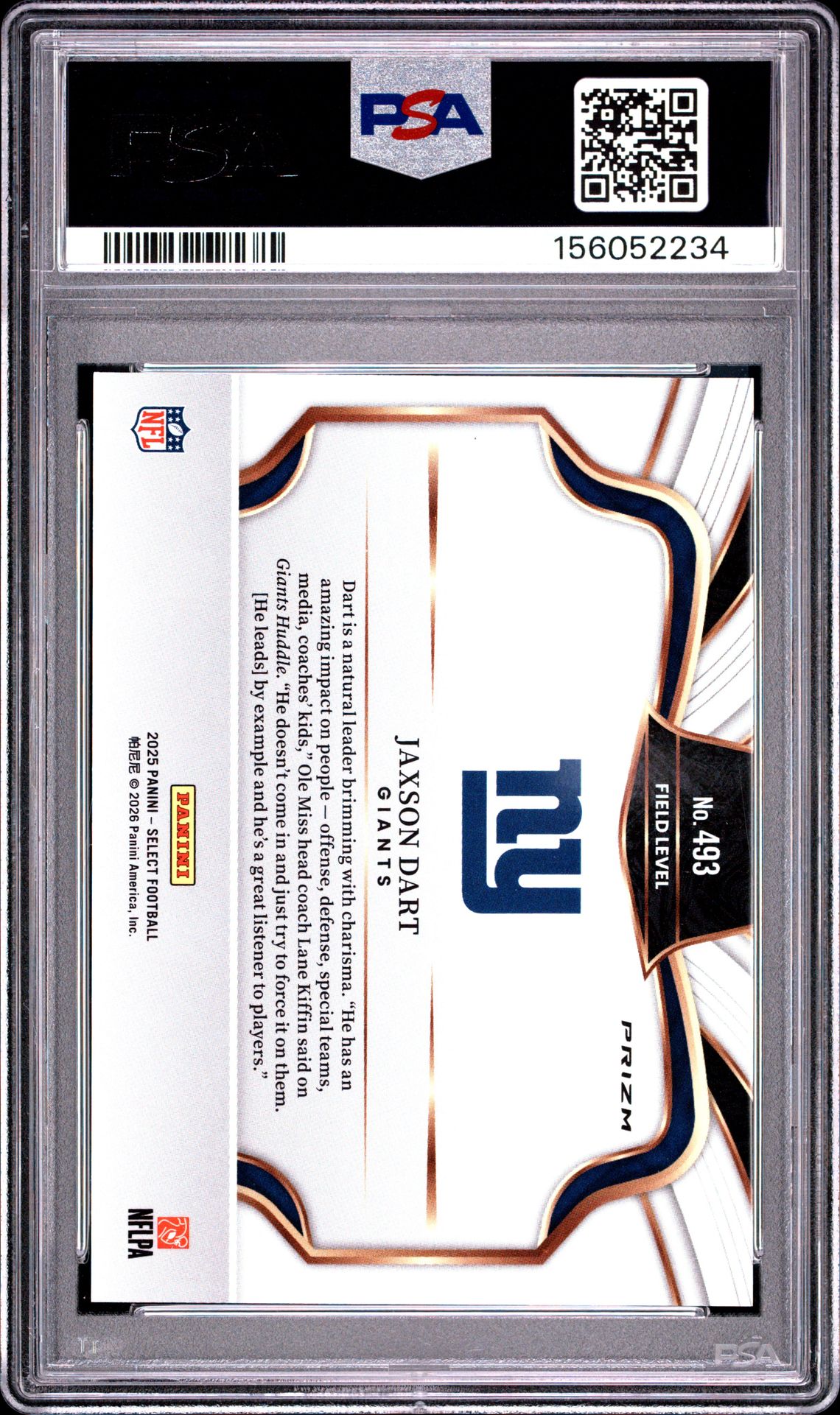 2025 Panini Select Jaxson Dart #493 (Silver Prizm) Gem Mt 10 back view - PSA certificate #156052234