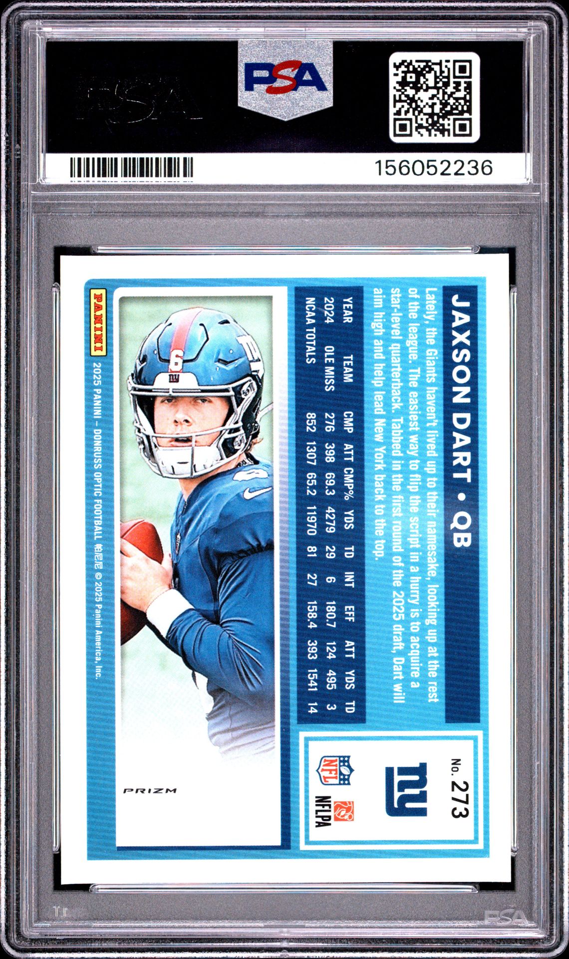 2025 Panini Donruss Optic Jaxson Dart #273 (Holo) Mint 9 back