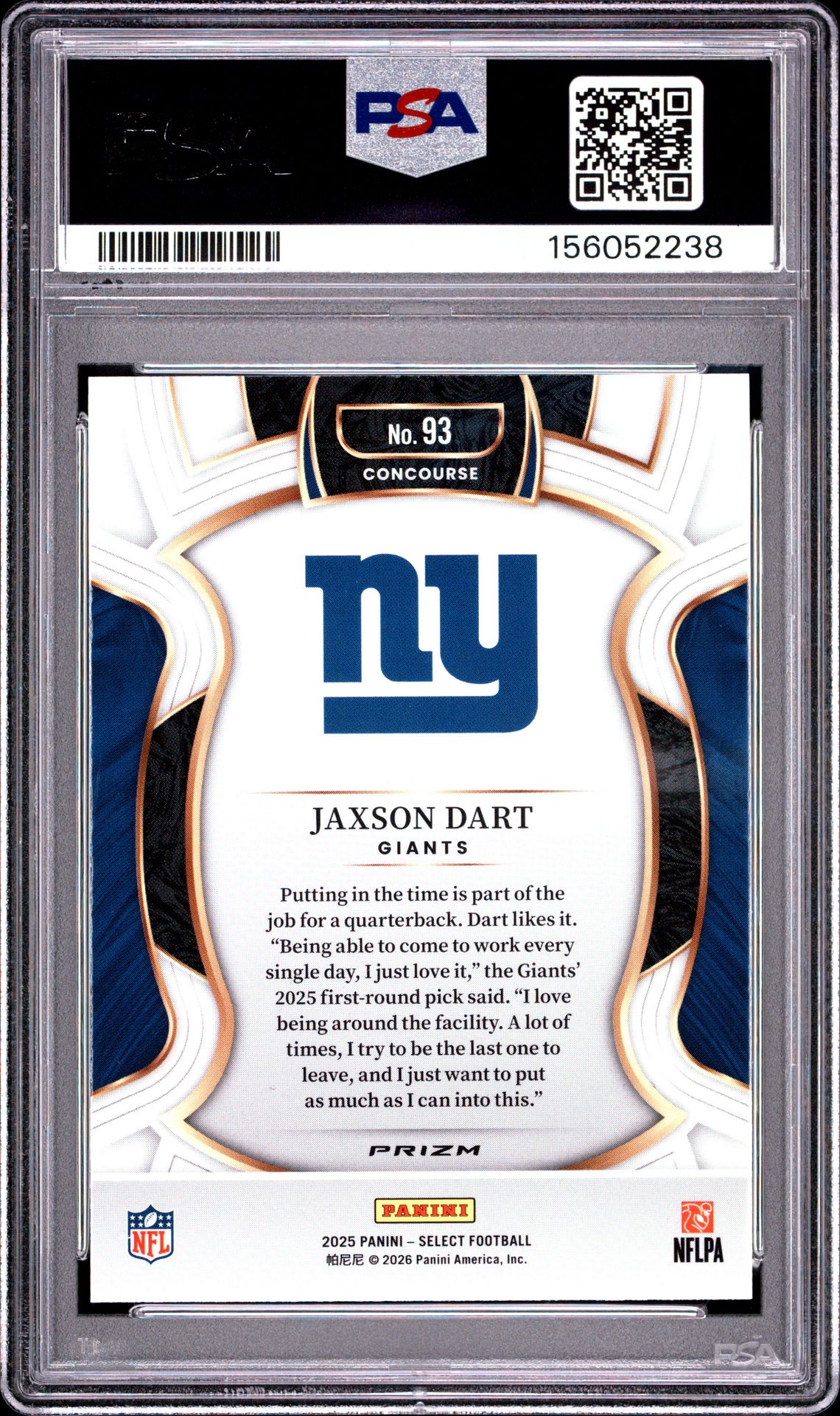 2025 Panini Select Jaxson Dart #93 (Silver Prizm) Gem Mt 10 back view - PSA certificate #156052238