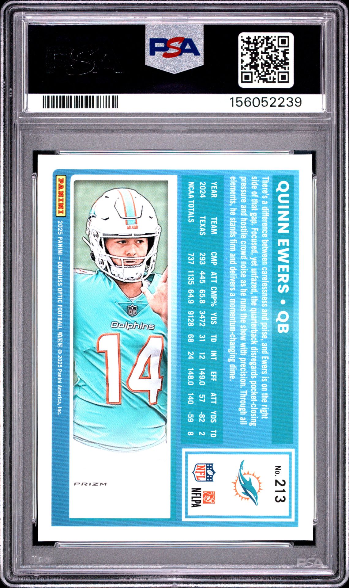 2025 Panini Donruss Optic Quinn Ewers #213 (Purple Shock) Gem Mt 10 back view - PSA certificate #156052239