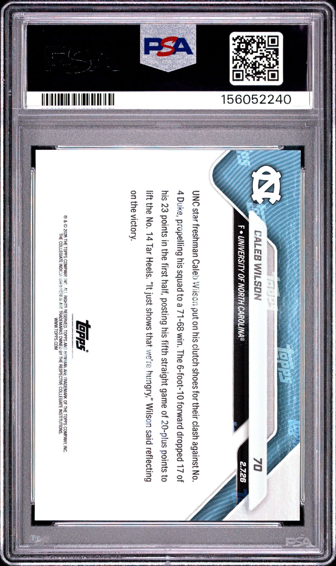 2025 Bowman U Now Caleb Wilson #70 Gem Mt 10 back view - PSA certificate #156052240