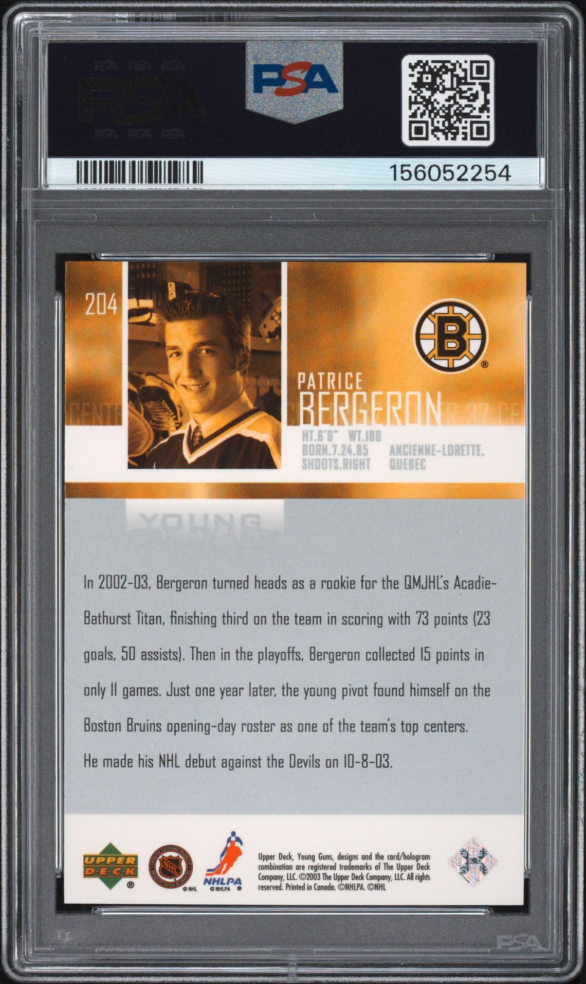 2003 Upper Deck Patrice Bergeron #204 Nm-Mt 8 back