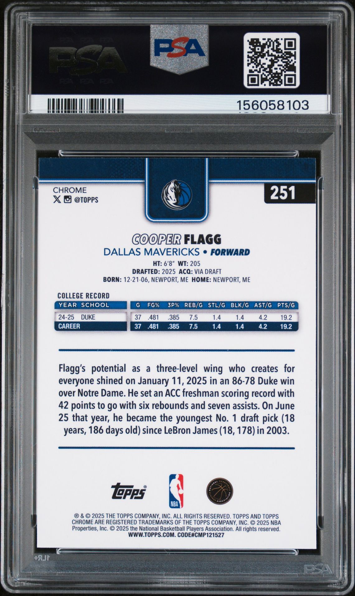 2025 Topps Chrome Cooper Flagg #251 (Basketball Refractor) Nm-Mt 8 back