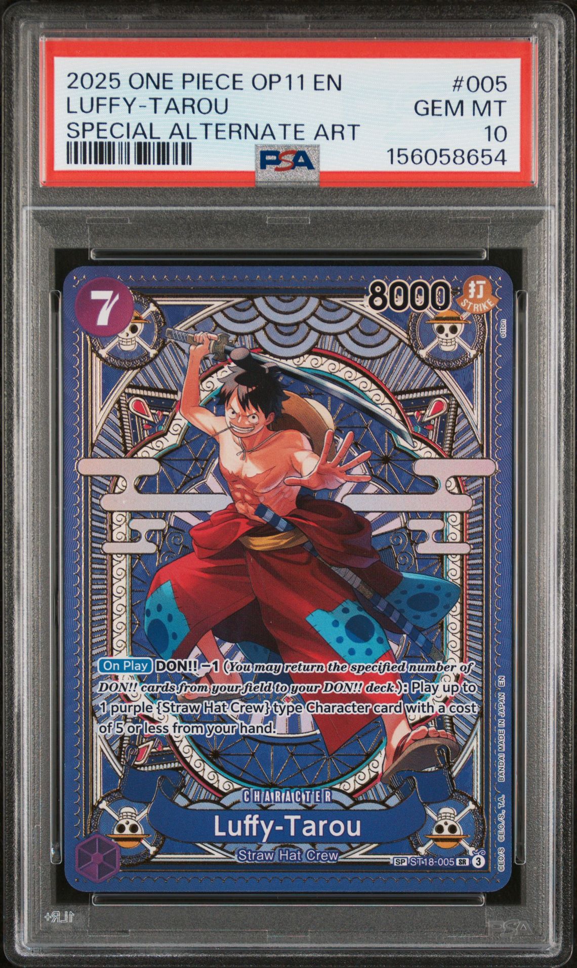 2025 One Piece Op11-A Fist Of Divine Speed Luffy-Tarou #005 (Special Alternate Art) Gem Mt 10 front view - PSA graded GEM MT 10