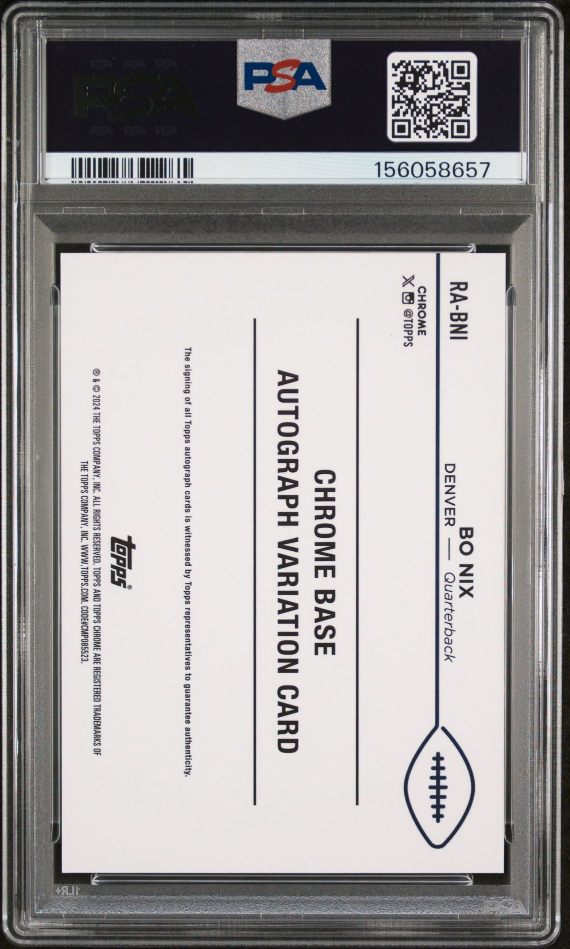2024 Topps Chrome Rookie Autographs Variations Bo Nix #Rabni Gem Mt 10 back